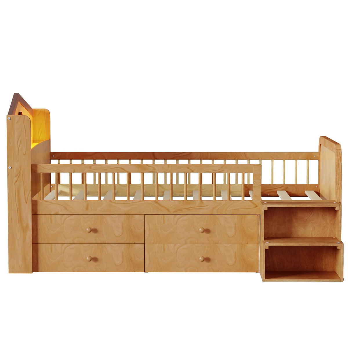 Kids Loft Bed with LED Lights,Wooden Low Loft Bed Twin with House Shape Headboard, 4 Storage Drawers and Stairs for Girls Boys,No Box Spring Needed, Natural Mirightone