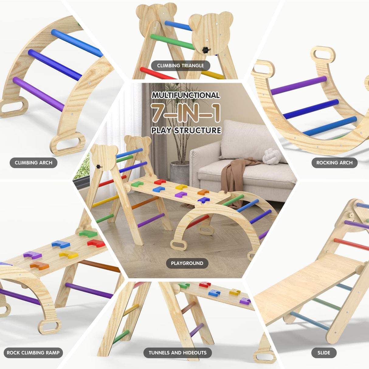 7 in 1 Montessori Pikler Triangle Set, Foldable Wooden Pickler-3 Piece Baby Climbing Gym Toddler Climbing Toys Indoor with Arch, Ramp, Ladder CMFYDAILY