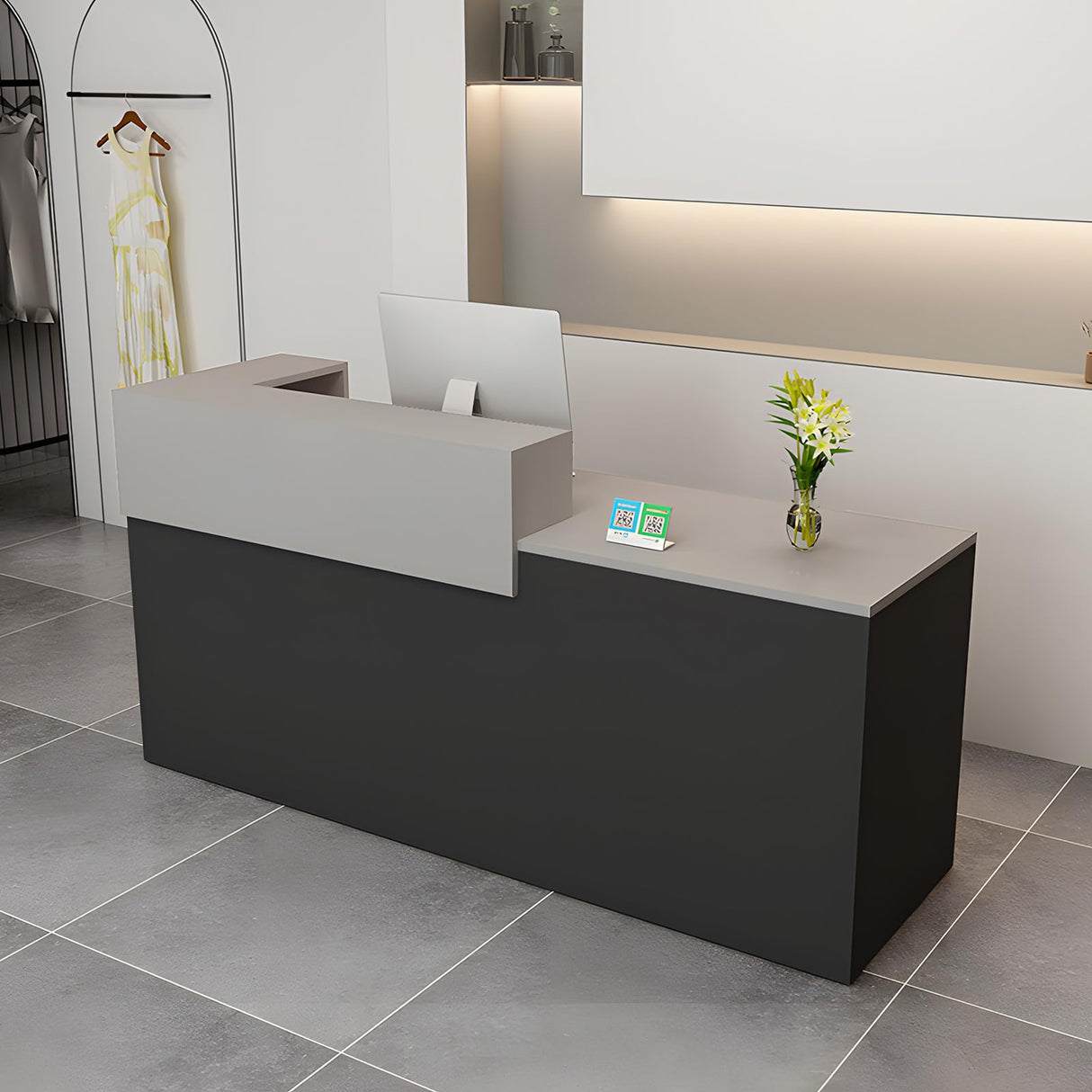 LSZMXI Modern Reception Desk with Drawer & Open Shelves, 39-95 Inch Front Counter Table, Computer Workstation Suitable for Salons, Offices, Lobbies, Retail Stores and Home Offices LSZMXI