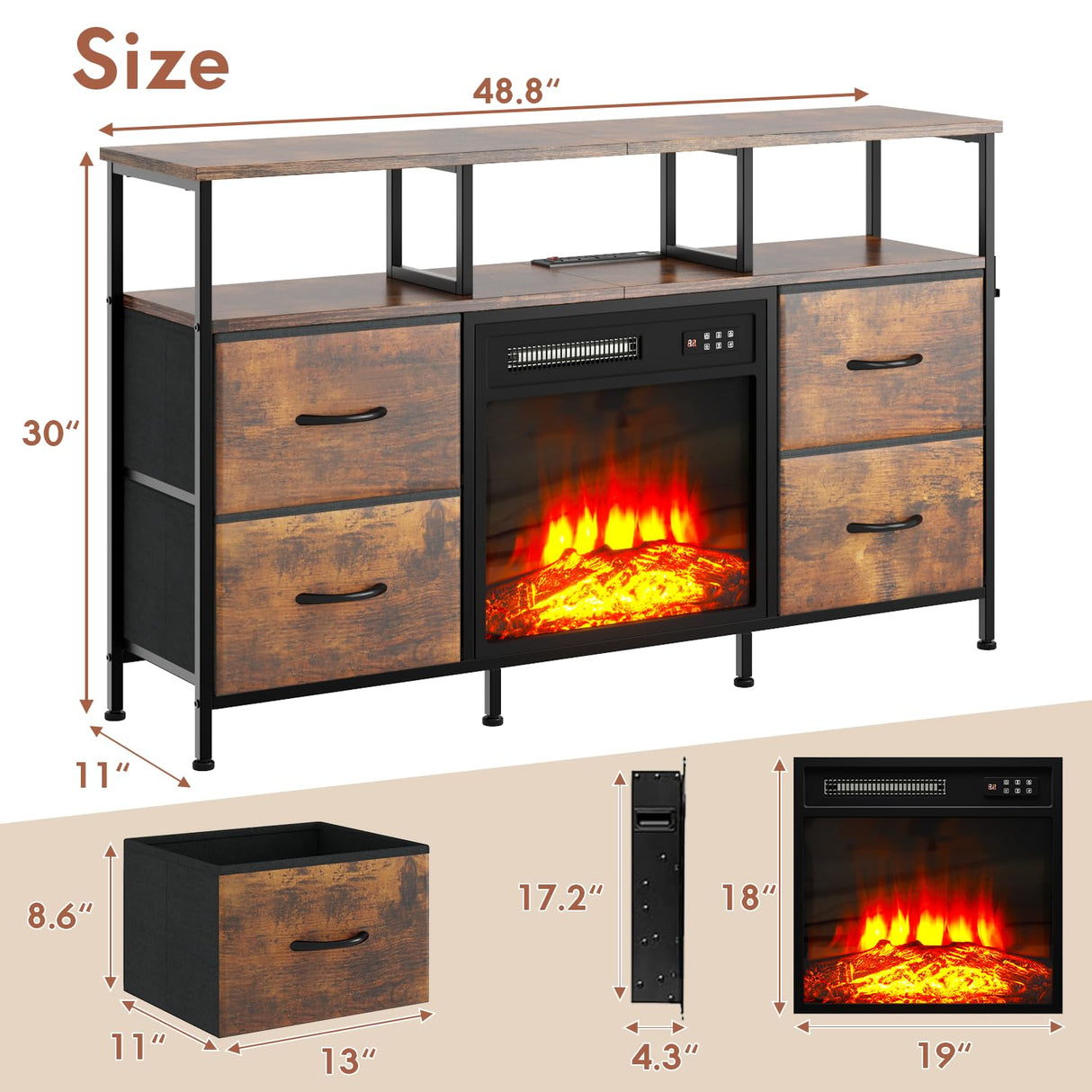 Fireplace TV Stand with 4 Fabric Drawers, TV Stand Dresser with Power Outlets and LED Lights, Fireplace Entertainment Center with Open Shelf for 43,50 Inch TV, for Living Room, Bedroom, Rustic Brown PUKAMI