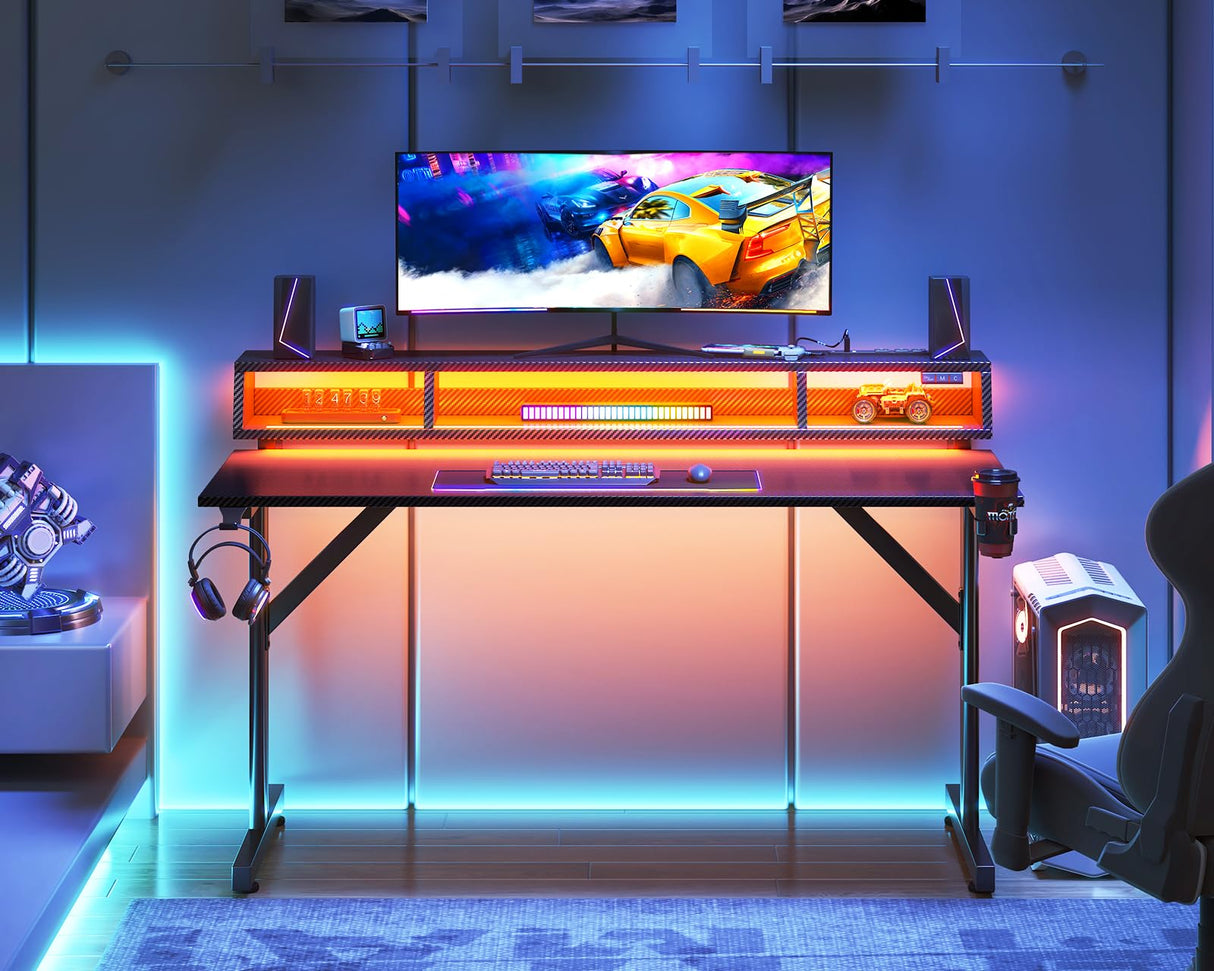 MOTPK Gaming Desk with Float Monitor Stand, Computer Desk 48inch with Shelves & Power Outlet, Gamer Desk Gaming Table with LED Lights, Kids Boys Gaming Desk, Black MOTPK