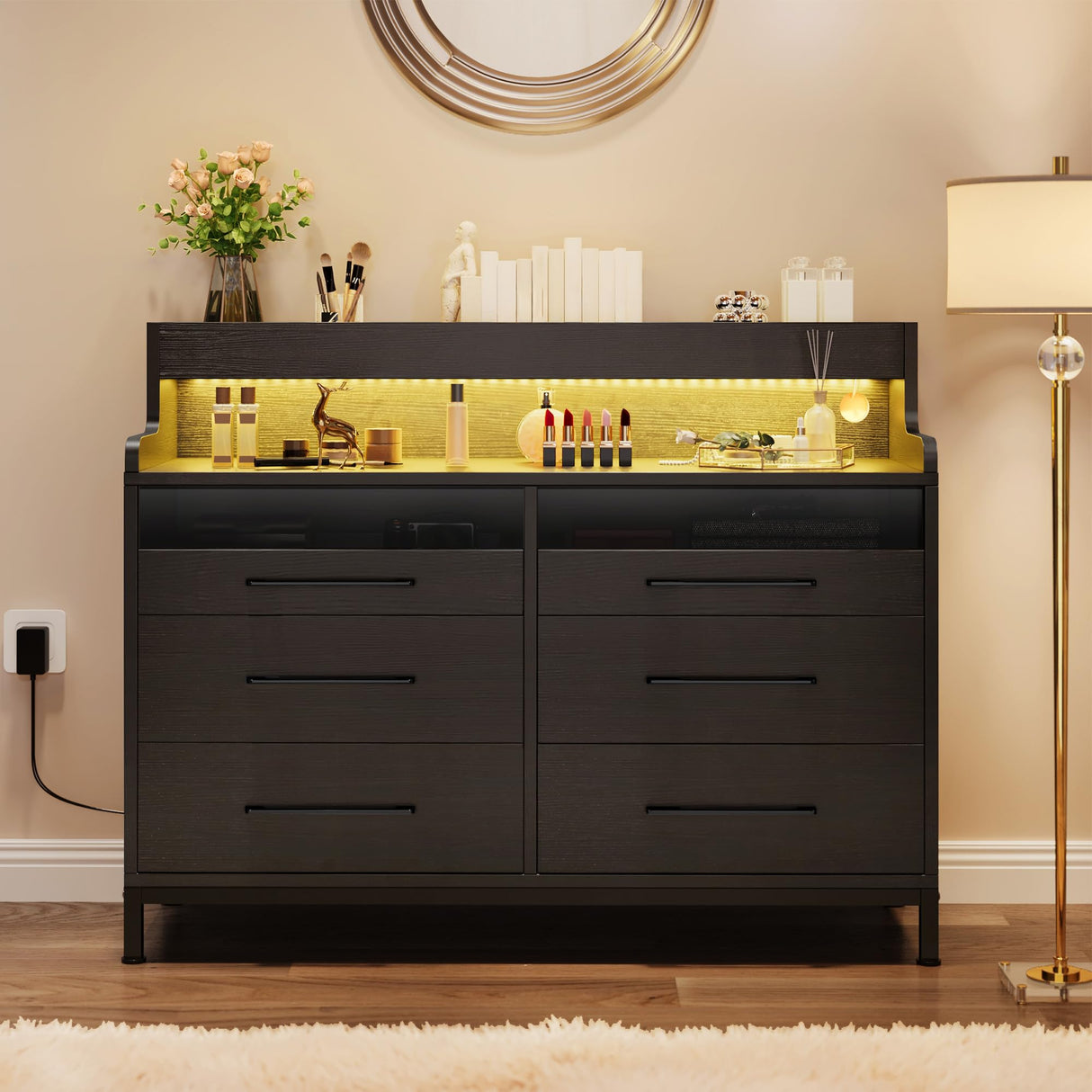 YITAHOME 6 Drawer Dressers with LED Lights, Wood Dressers Chests of Drawers, Modern Dresser with Open Shelf Storage for Room, Entryway, Hallway, Black YITAHOME