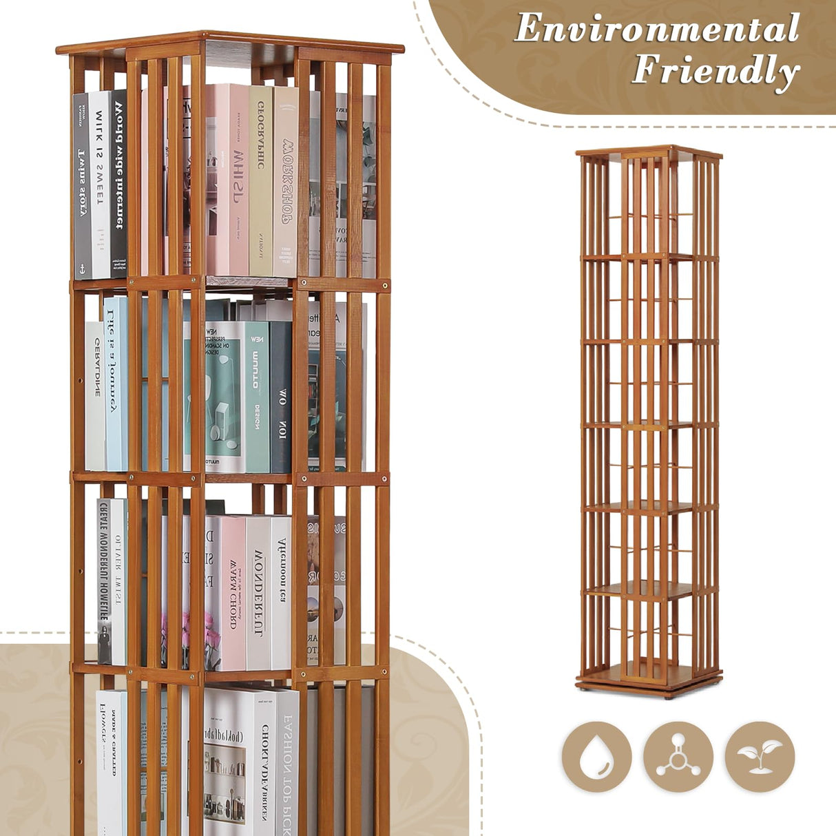 Athena Collection Rotating Bamboo Bookshelf, 6-Tier Floorstanding Corner Bookcase, 360-Degree Modern Open Book Storage Rack for Living Room Bedroom Office Furniture, Brown Athena Collection