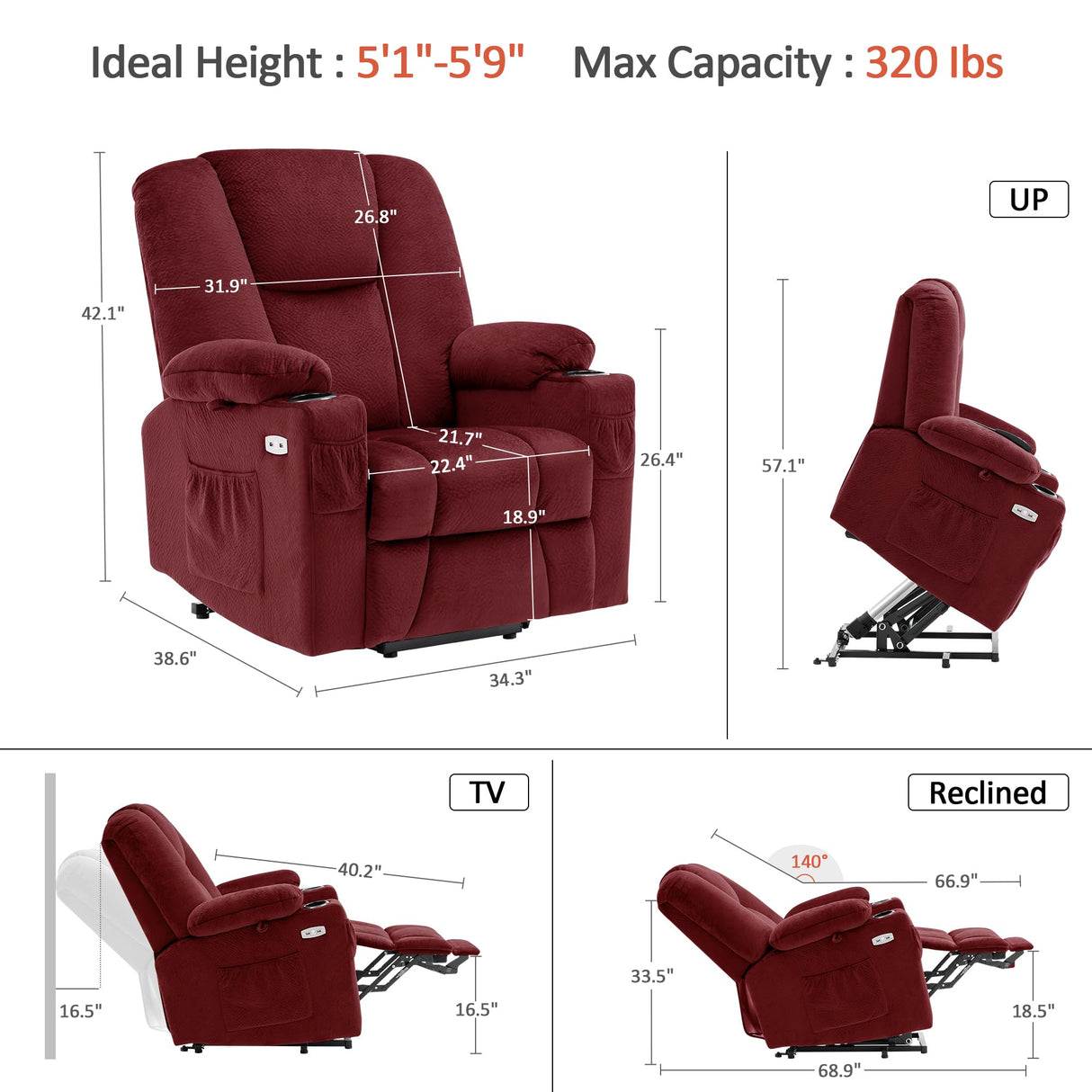 MCombo Power Lift Recliner Chair Sofa with Extended Footrest,3 Positions,Hand Remote Control,2 Cup Holders,USB Ports for Elderly People, 7507 (Fabric, Burgundy) MCombo
