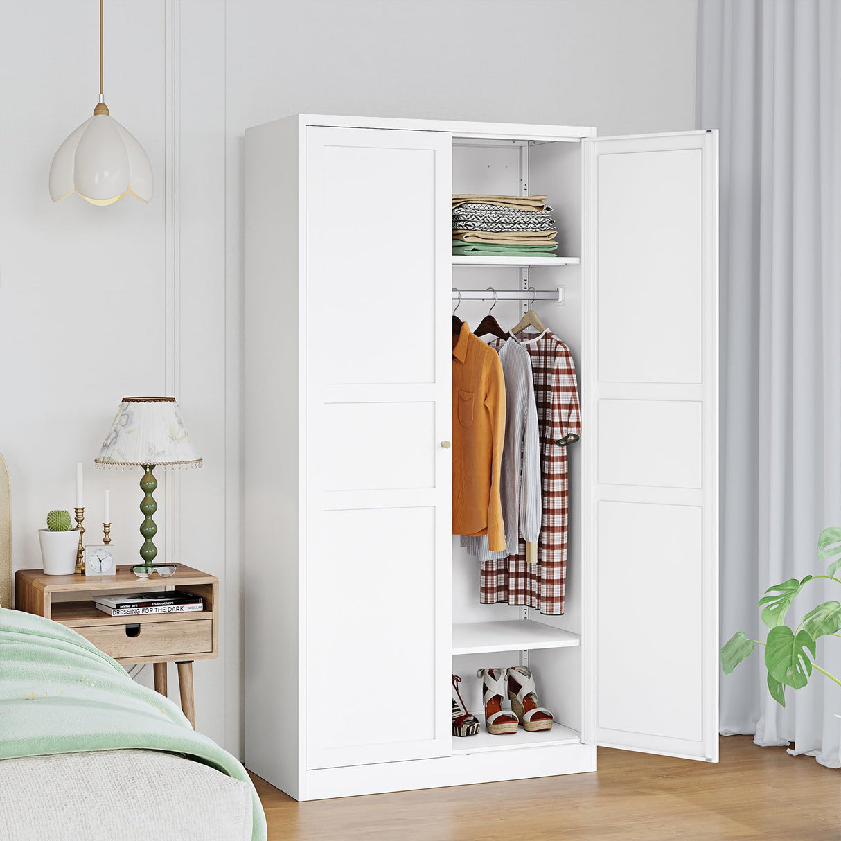 LISSIMO Metal Armoire Wardrobe Closet Cabinet,White Armoire Wardrobe Closets Storage Cabinets with Doors and Adjustable Shelves for Laundry Room,Bedroom,Bathroom LISSIMO