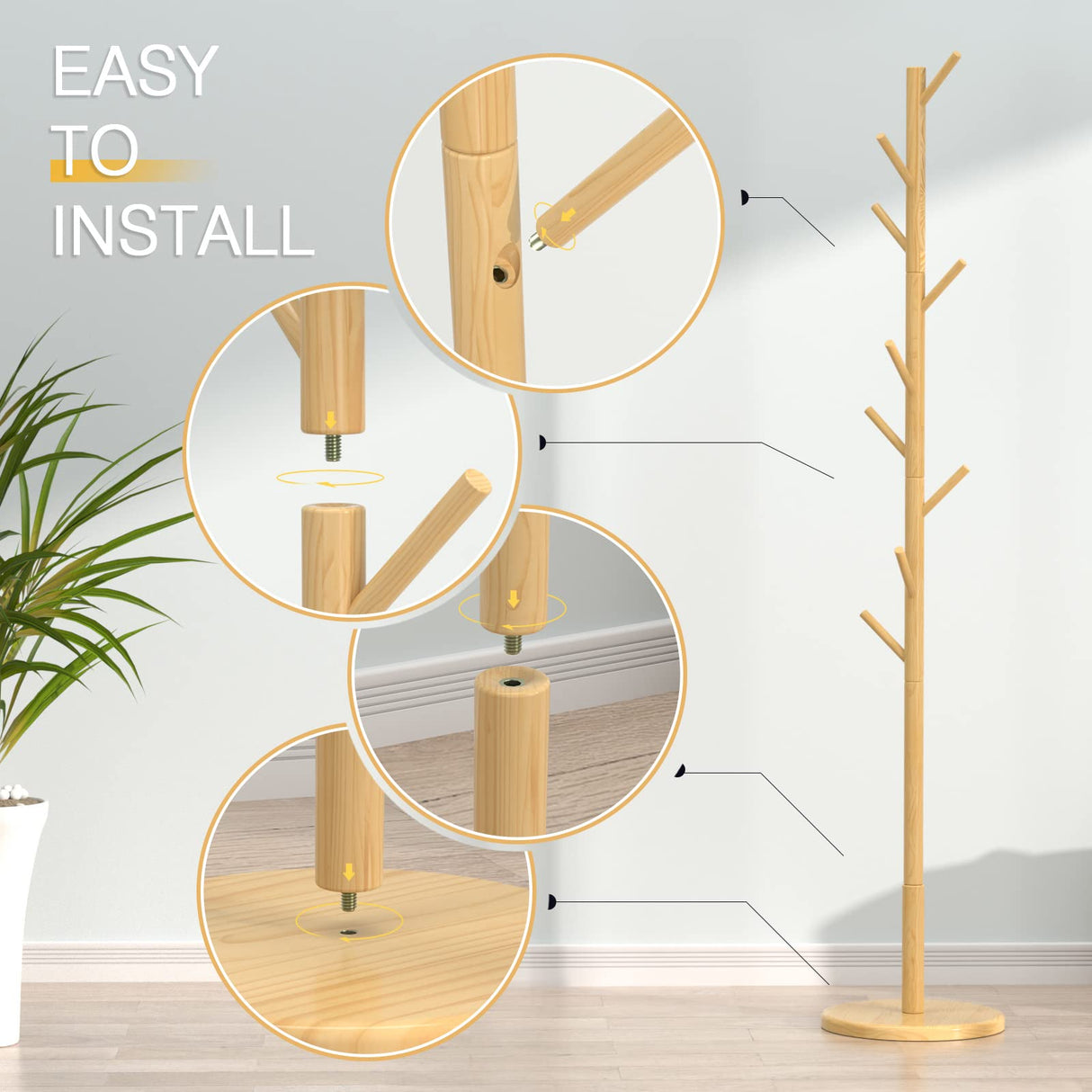 Wooden Coat Rack Freestanding Coat Tree with 4 Height Options and 9 Hooks, Sturdy Coat Rack Stand for Clothes/Bags/Hats, Easy Assemble Save Space for Entryway,Bedroom,Office,Narrow Place-Natural Bamdibola