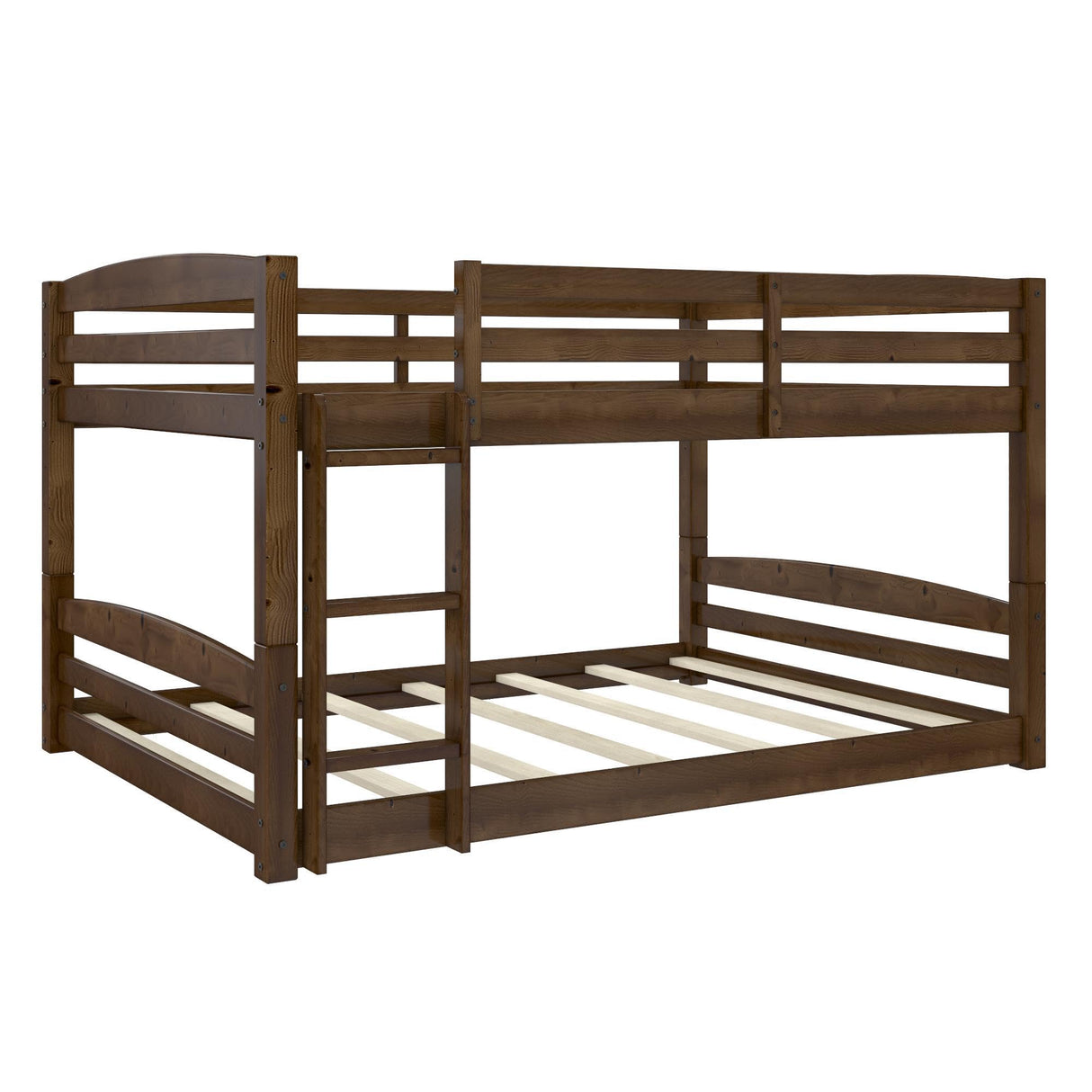 DHP Phoenix Convertible Low Wood Floor Bunk Bed, Stackable and Detachable Bed Frames for Kids, Solid Wood, with Ladder, High Guardrail, Wood Slats, No Boxspring Required, Full-Over-Full, Mocha DHP