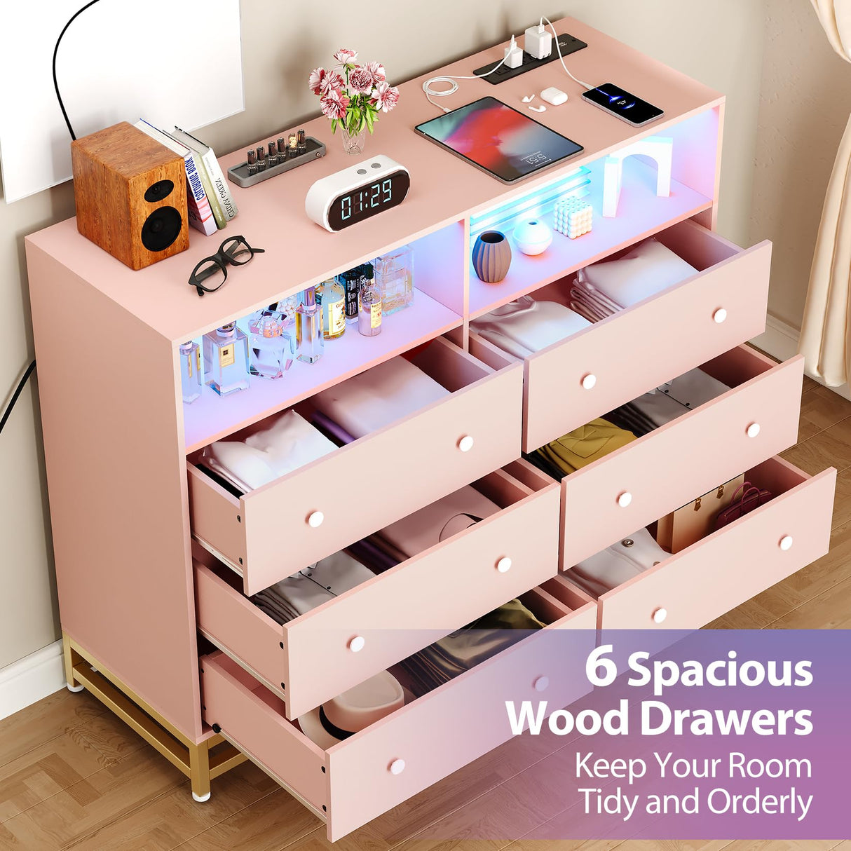 Pink Dresser for Bedroom, Wooden Modern 6 Drawers Long Dresser with Charging Station and Led Lights Design, Large Capacity Storage Chest of Drawers, Wide Drawers for Living Room, Hallway Garveehome