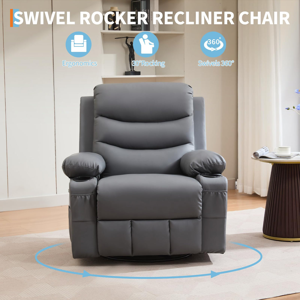 Leather Recliner Chair Nursery, Oversized Manual Reclining Rocking Chair, 360 Swivel Glider with Cup Holder, Massage and Heat Recliner, Small Sofa Chairs for Adults, Living Room, RV, Bedroom, Gray PeacefulHues