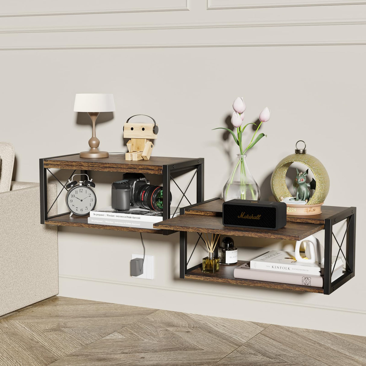 2-Tier Floating Nightstand, Wall Mounted Bedside Table, Wood Bedside Shelf Wall Mounted Nightstand, Floating Bedside Table Wall Shelf for Bedroom, Living Room, Kitchen, Office, Rustic Brown FNBAR