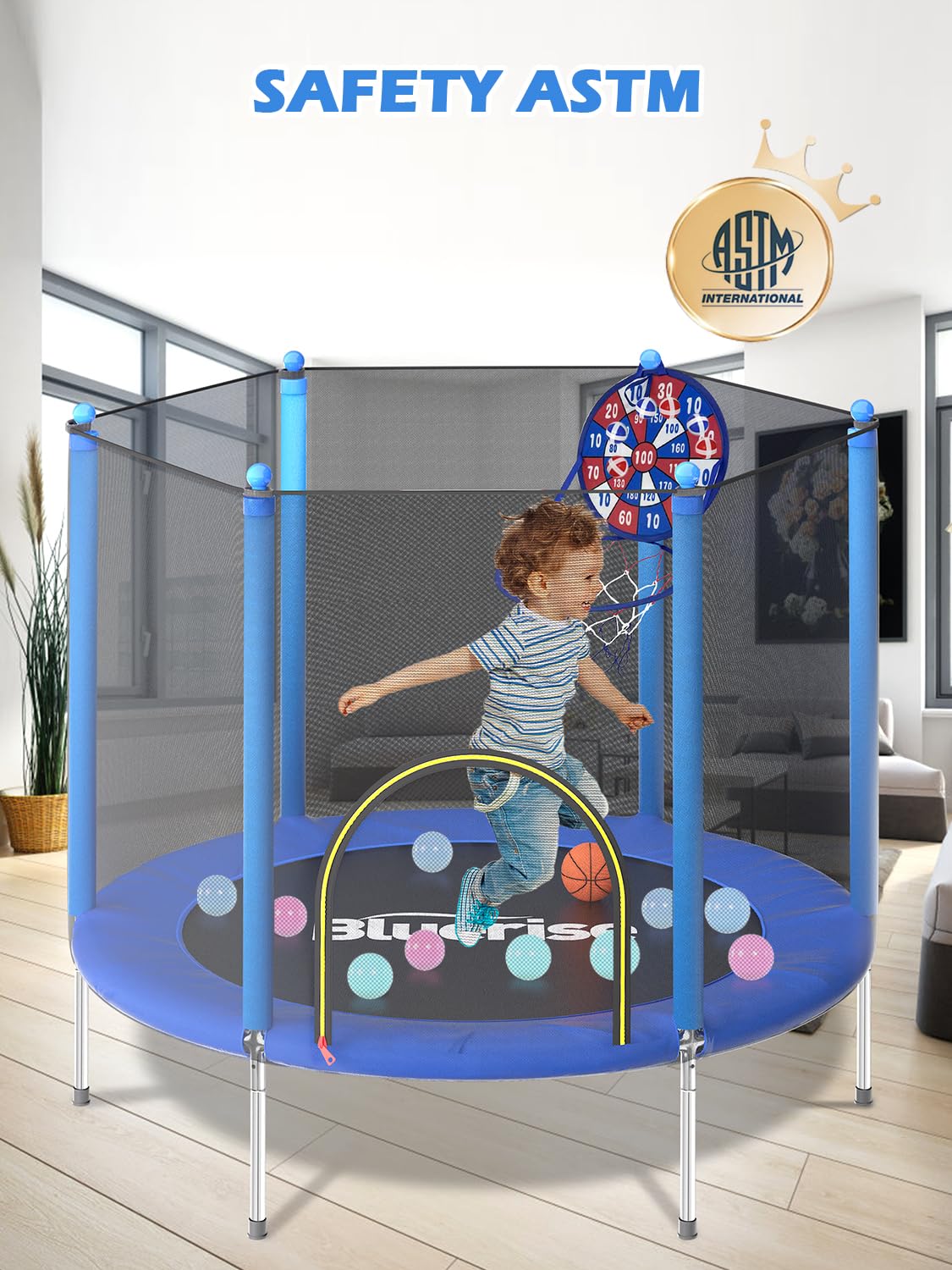 BLUERISE 55IN Toddler Trampoline for Kids Indoor Play for Kids Basketball Hoop Attachment with Enclosure Net Easy to Assemble Recreational Trampoline BLUERISE