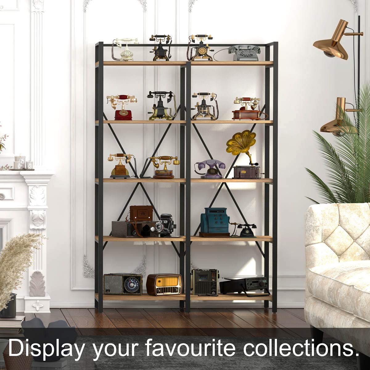 BON AUGURE 5-Tier Vintage Oak Industrial Bookshelf - Heavy Duty Etagere Shelving Unit for Home & Office BON AUGURE