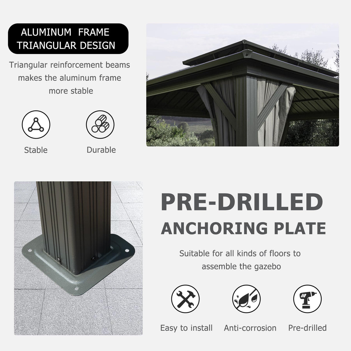 SHPAI Hardtop Gazebo 10x14FT, Aluminum Outdoor Gazebo with Galvanized Steel Double Roof Canopy, Curtains and Nettings, Metal Gazebo Permanent Pavilion for Patio Wedding, Party, Outdoor Dining, Gray SHPAI