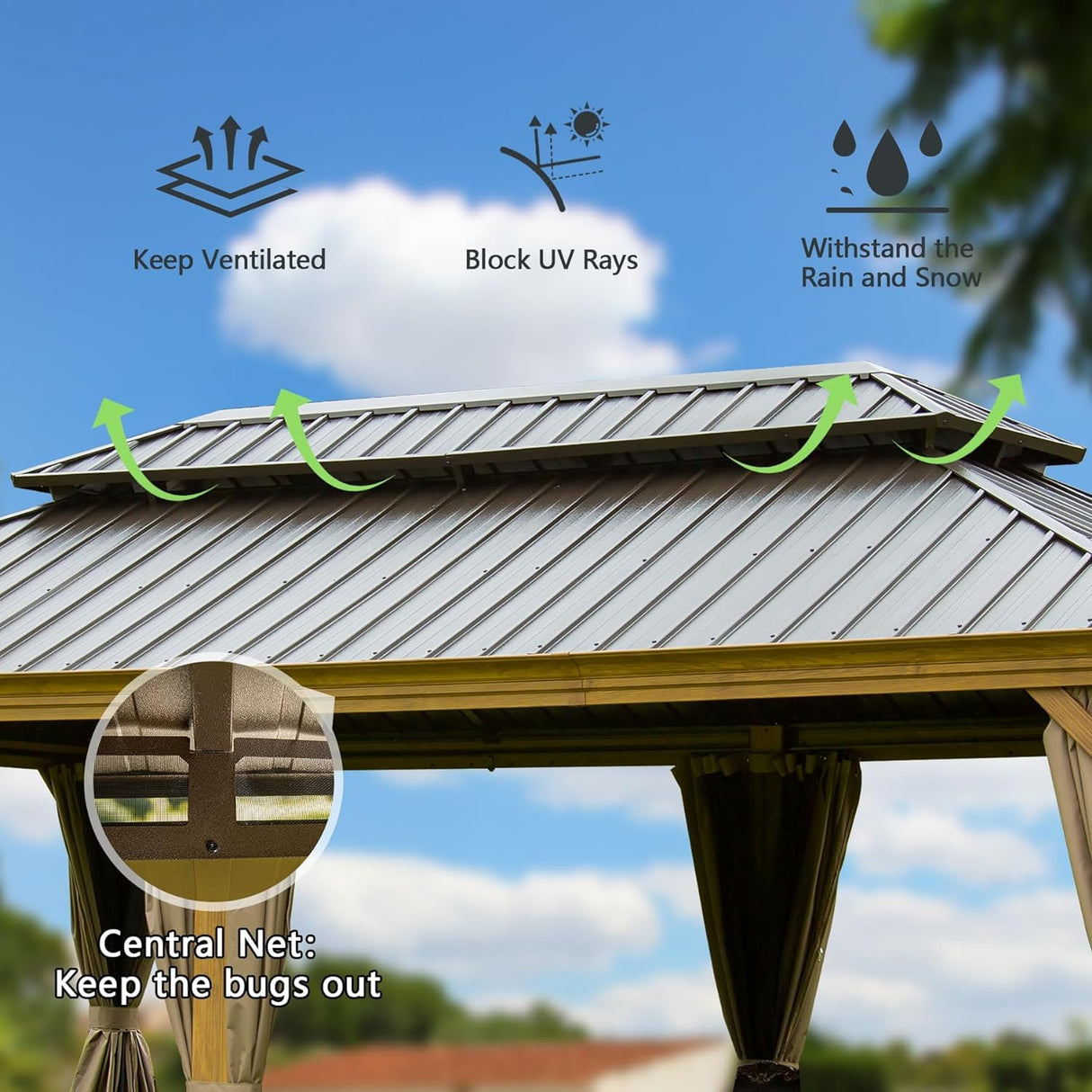 Domi 14'x24' Hardtop Gazebo Canopy,Outdoor Aluminum Gazebo with Galvanized Steel Double Roof, Extra Large Permanent Gazebo Pavilion for Patio Deck Backyard,Curtain and Netting,Wood Grain domi outdoor living