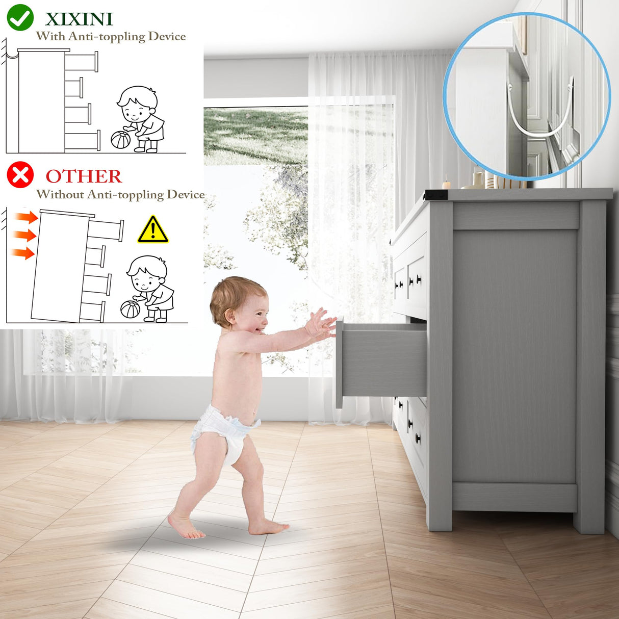 Dresser for Bedroom with 6 Drawers, Farmhouse Wood Chest of Drawers, Wide TV Stand Closet Storage Furniture with Metal Handle, Modern Clothes Organizer for Hallway, Living Room, Entryway, White Xixini