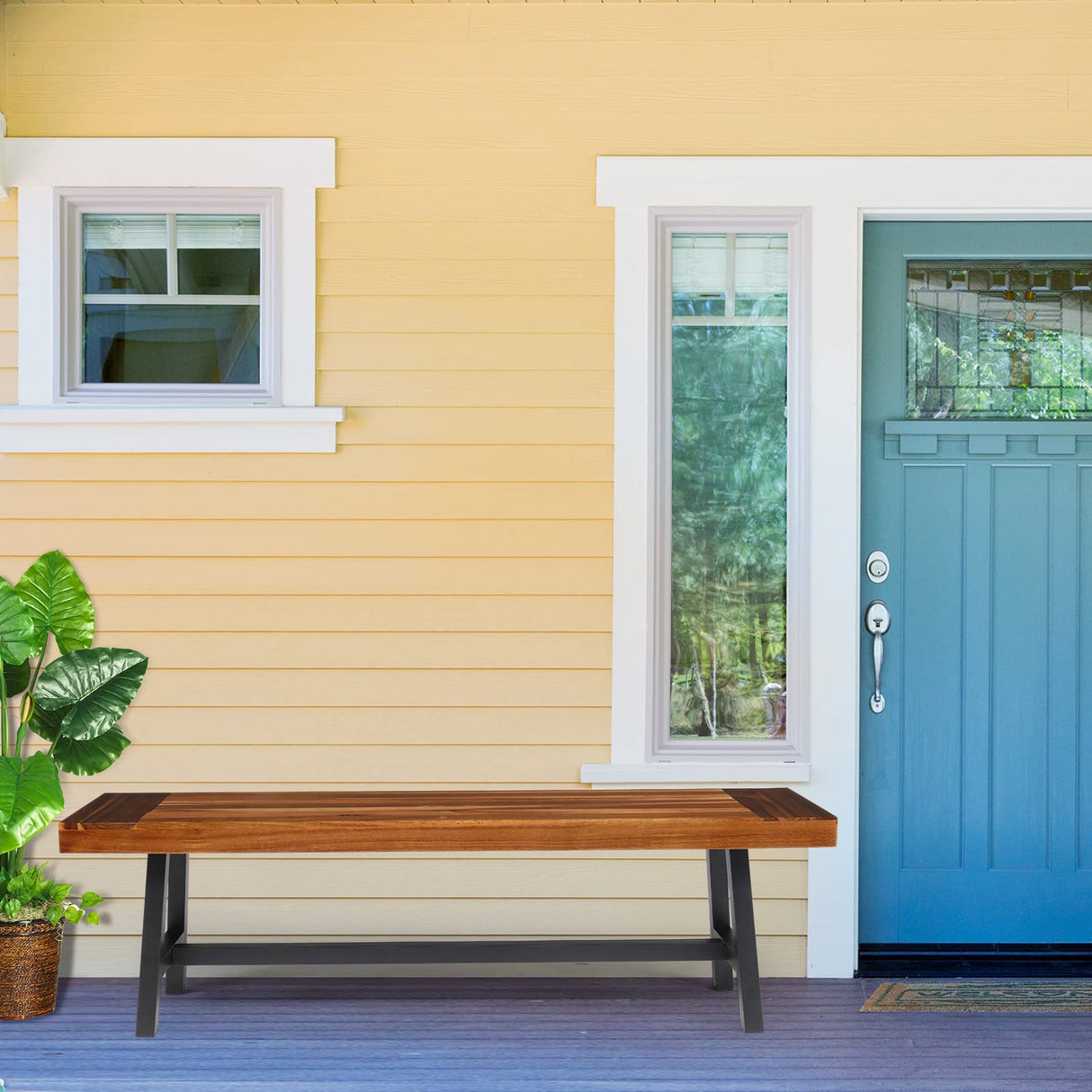 VINGLI Outdoor Bench with Metal Legs Rustic, Wood Dining Bench Indoor Outdoor Porch Benches for Yard Garden Dining (63in) VINGLI