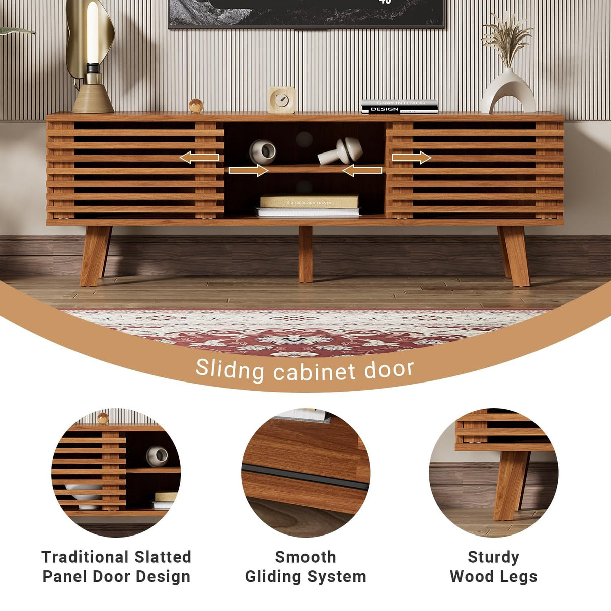 BVFUKA Mid Century Modern TV Stand for 55/60/65 inch TV, Entertainment Center with Sliding Door and Storage Shelves, TV and Media Consol for Living Room, Boho Wood Credenza for Living Room BVFUKA