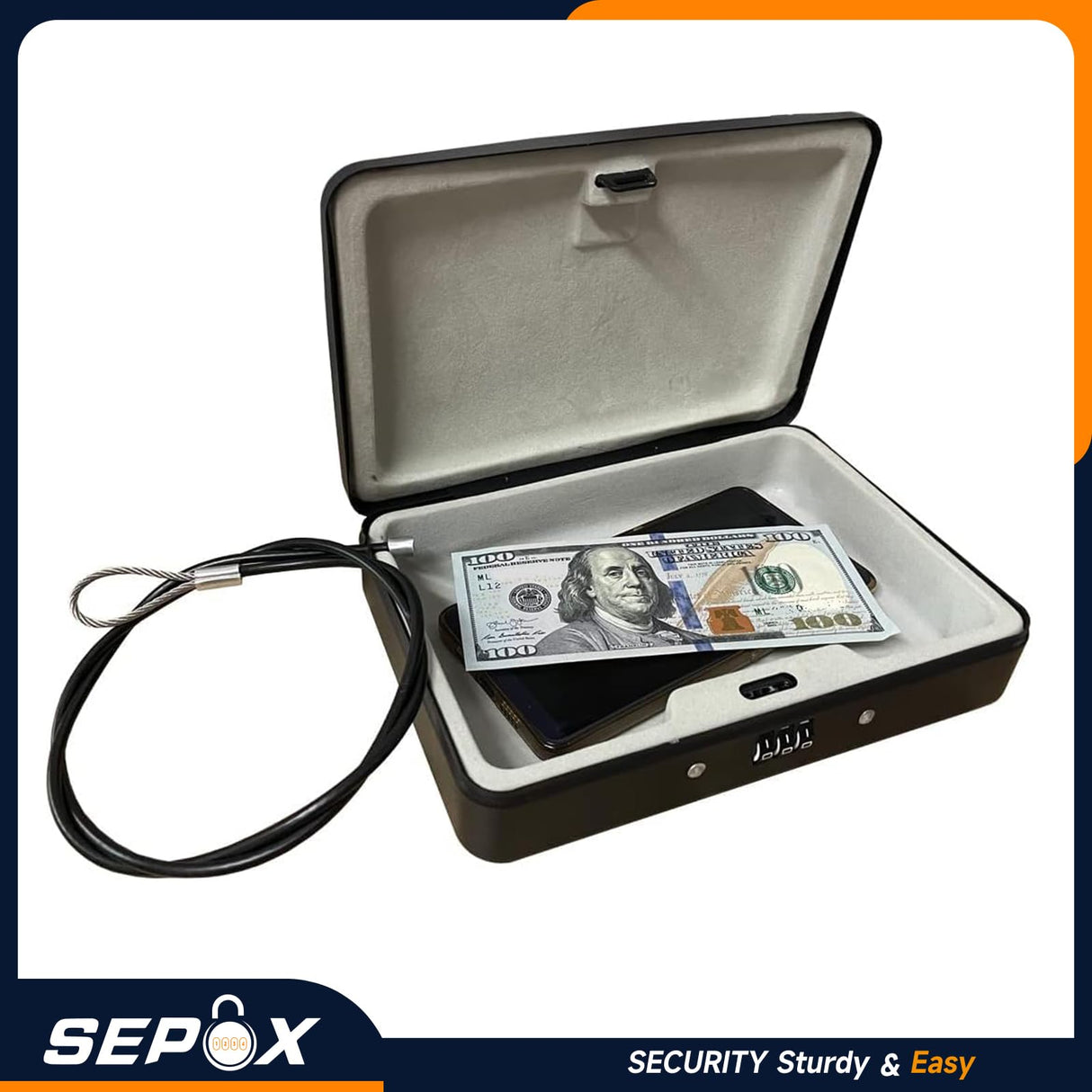 SEPOX® 2Pcs Water/Fire-Resistant Portable Security Case Lock Box Steel, Personal Travel Safe Storage Cabinet for Small Item, 3-Ft Cable, Ressetable Combination Lock for Dorm, Car, Sports, Office SEPOX