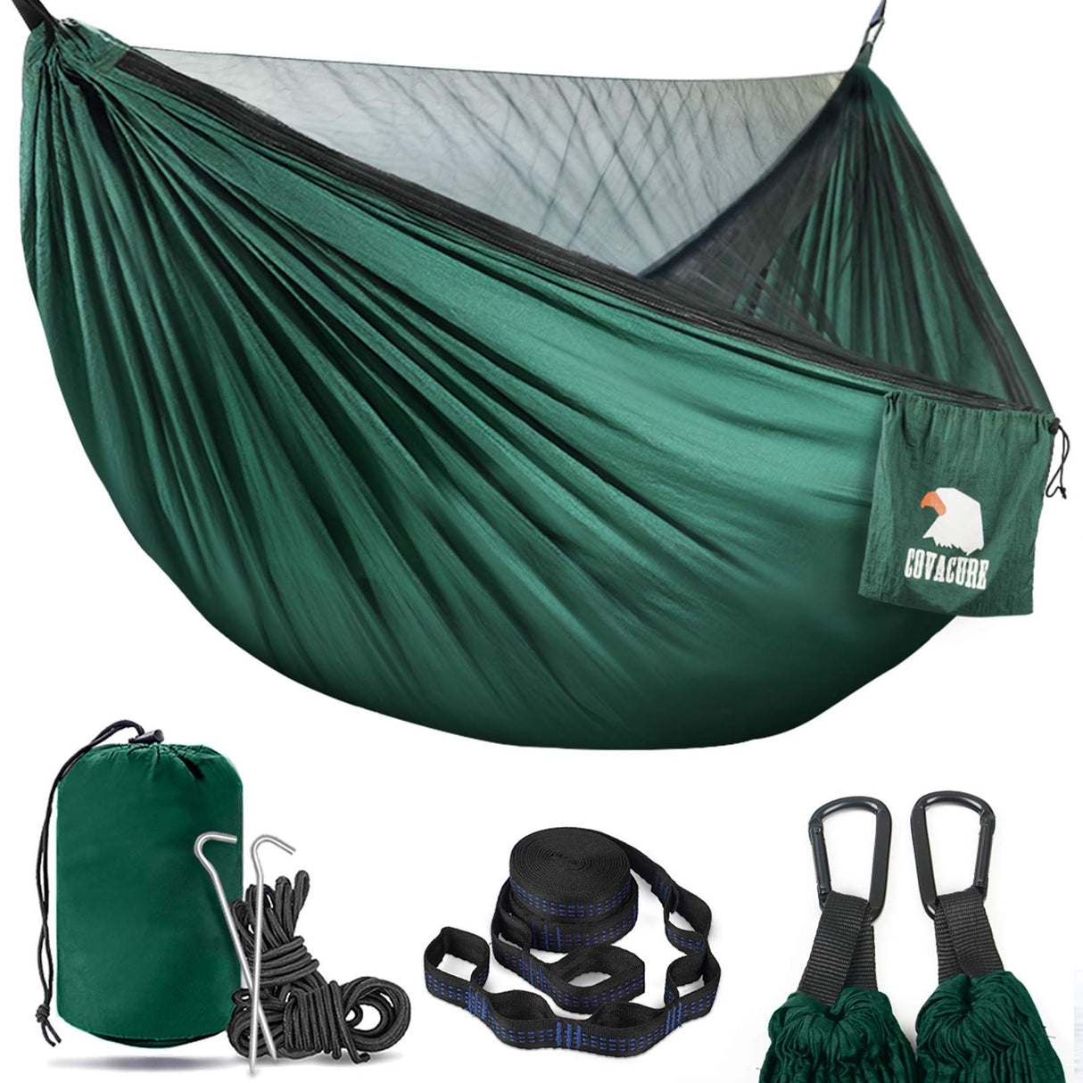 Covacure Camping Hammock - Lightweight Double Hammock, Hold Up to 772lbs, Portable Hammocks for Indoor, Outdoor, Hiking, Camping, Backpacking, Travel, Backyard, Beach(Dark Green) covacure