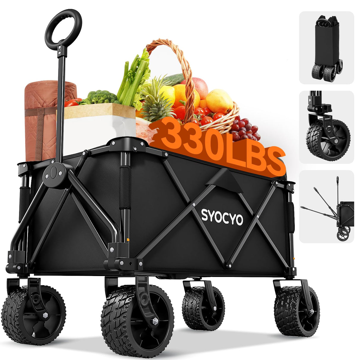 Collapsible Foldable Wagon Cart, Heavy Duty Folding Wagon with 330lbs Weight Capacity, Beach Wagon with All-Terrain Wheels Utility Garden Cart for Camping, Sports, Beach and Shopping, Black SYOCYO