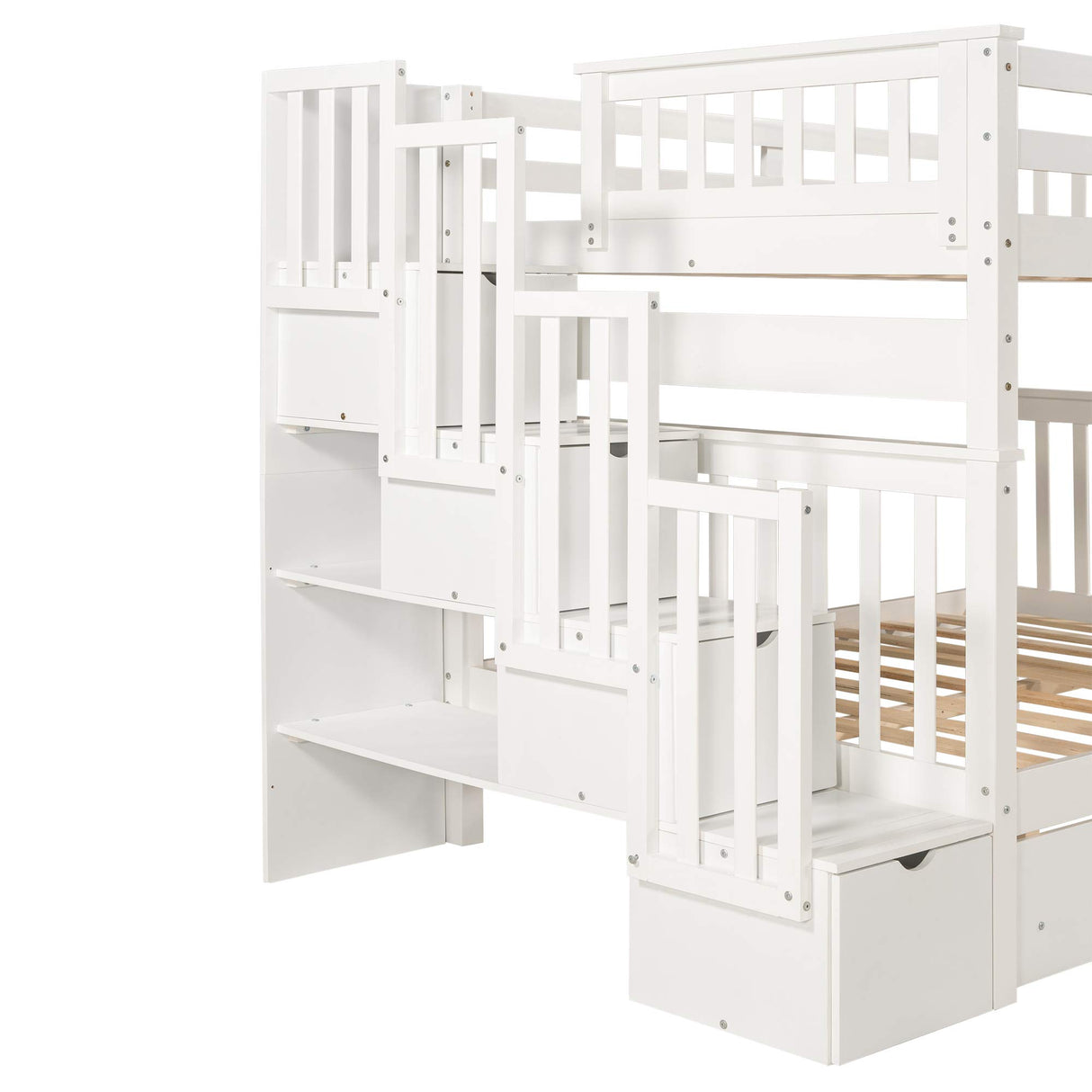 MERITLINE Full Over Full Bunk Bed with Stairs and 6 Storage Drawers, Solid Wood Bunk Bed with Storage Drawers, for Kids Teens Adults (White) MERITLINE