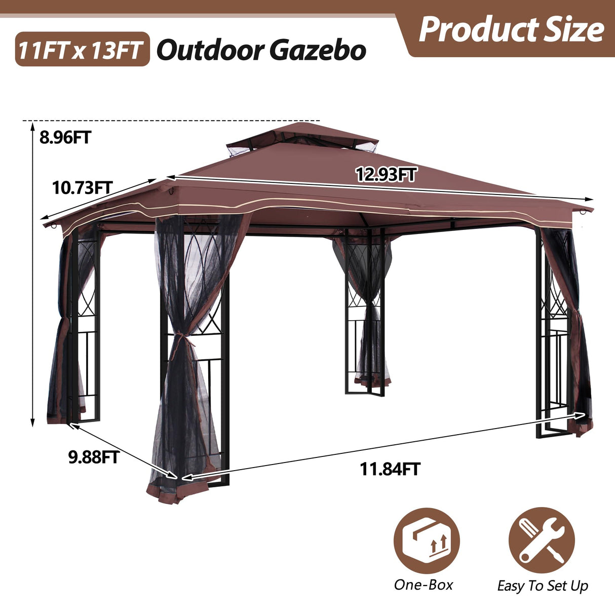 GARTOO 11'x13' Outdoor Patio Gazebo - Porch Gazebo with Polyester Roof & Breathable Netting, Best for Garden, Lawn, Backyard Deck (Chocolate) GARTOO