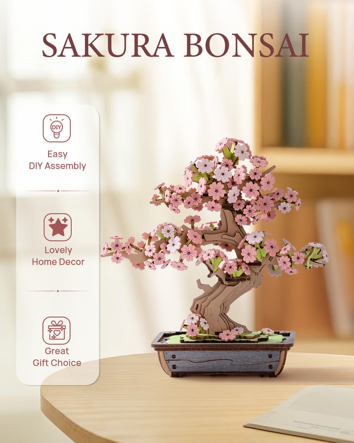 Rowood 3D Wooden Puzzles for Adults,DIY Cherry Blossom Bonsai Tree Botanical Collection Building Set,Craft Kit Gift for Kids on Christmas Birthday ThanksgivingDay-Sakura Bonsai rowood