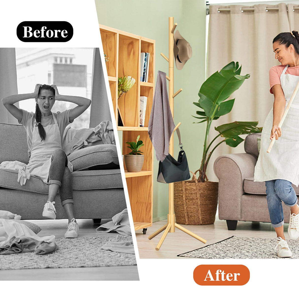 Z&L HOUSE Coat Rack Freestanding, Pure Natural Solid Wooden Coat Tree, 8 Hooks And Adjustable Height Floor Hanger, Used In The Bedroom Living Room Office To Hang Clothes, Hats, Bags Z&L HOUSE