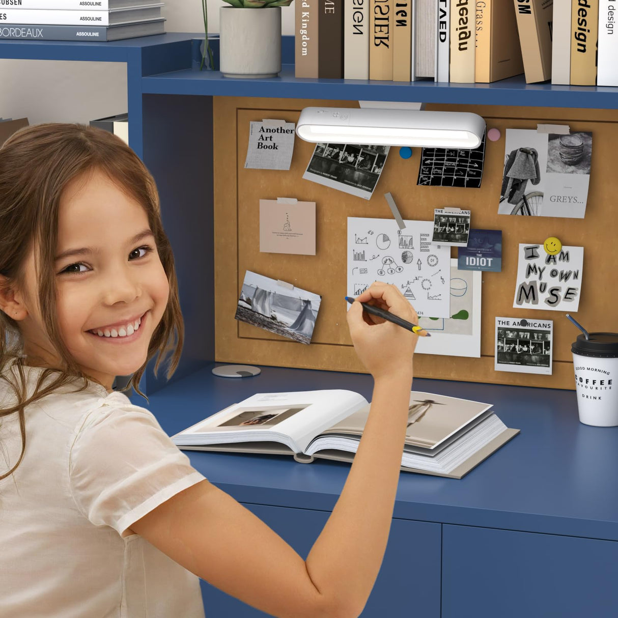 RUPOLX Blue Kids Desk and Chair Set for 5-12 Year Old,Kids Study Desk with 3-Color Lights,Childrens Computer with 4 Drawers, Kids Study Table with Storage Shelf -D-40 RUPOLX