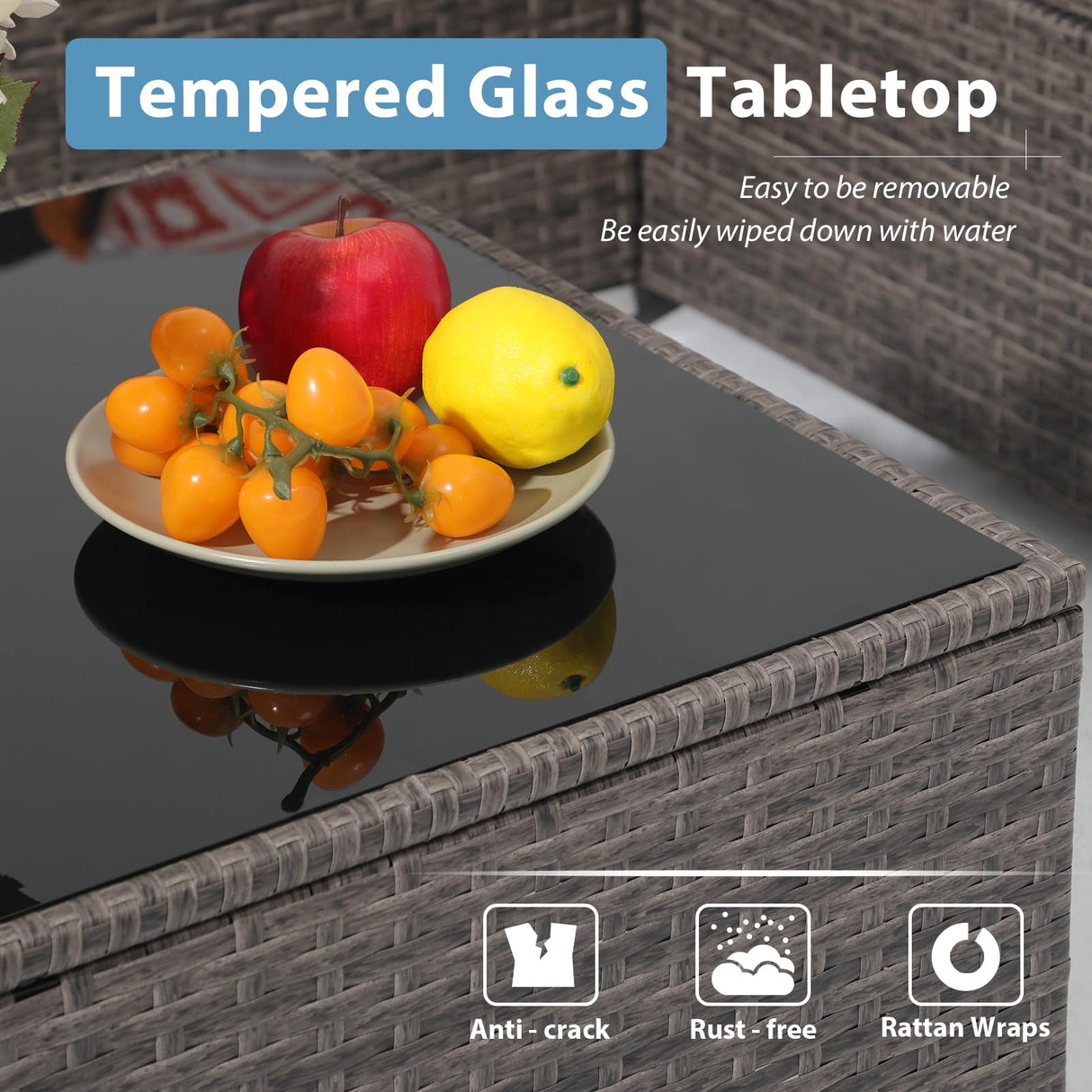 JOIVI Outdoor Patio Furniture Sets, 3-Piece All Weather Wicker Outdoor Conversation Set, Rattan Sectional Sofa Set, Patio Couch with Tempered Glass Table for Porch, Garden, Dark Gray JOIVI