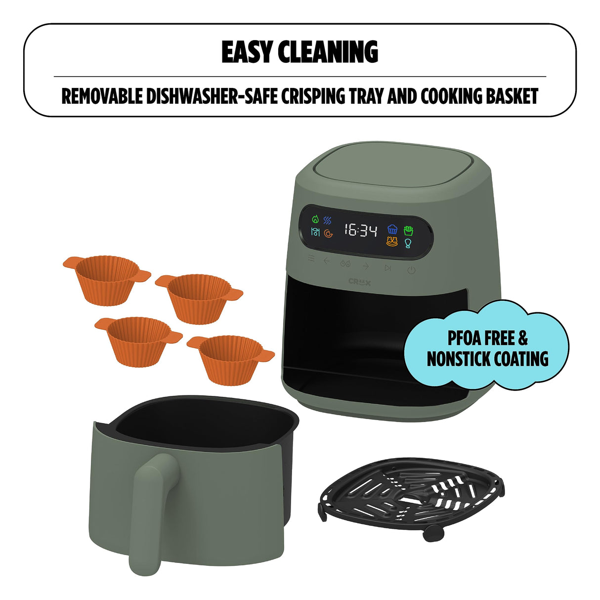 CRUX x Marshmello 3.0 QT Digital Air Fryer with TurboCrisp Technology, Touch Screen Temperature Control, Timer and Auto Shut-off, Fully Programmable, Silicone Cupcake Molds Included, Olive Crux