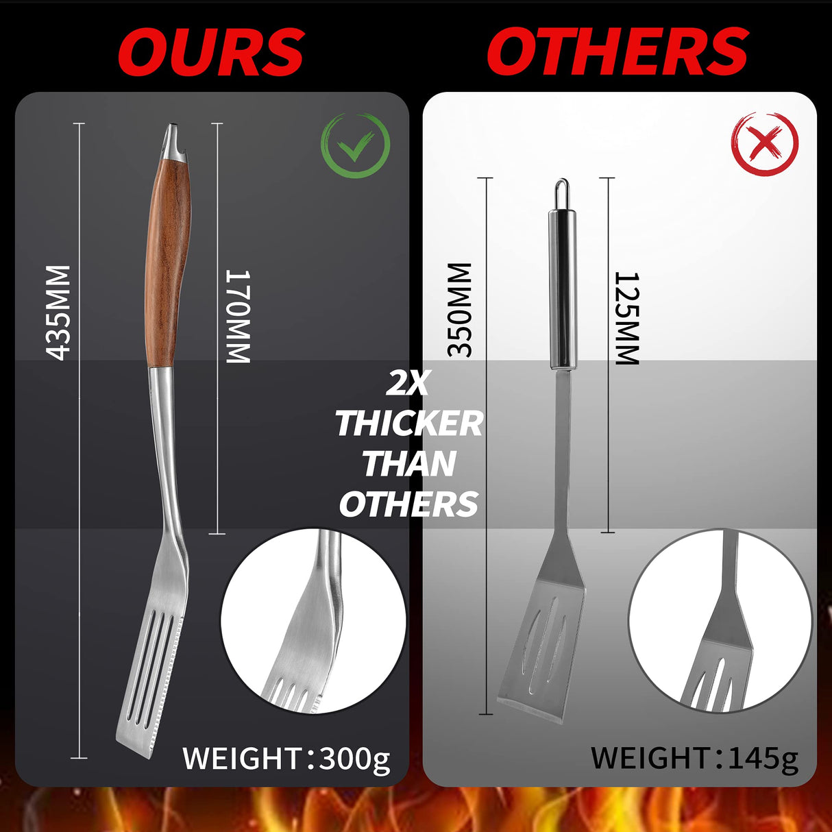 GRILAZ Heavy-Duty Rose Wooden BBQ Grilling Tools Set. Extra Thick Stainless Steel Multi-Function Spatula, Fork & Tongs | Essential Accessories for Barbecue & Grill. Ideal Gift for Fatherโฆ GRILAZ