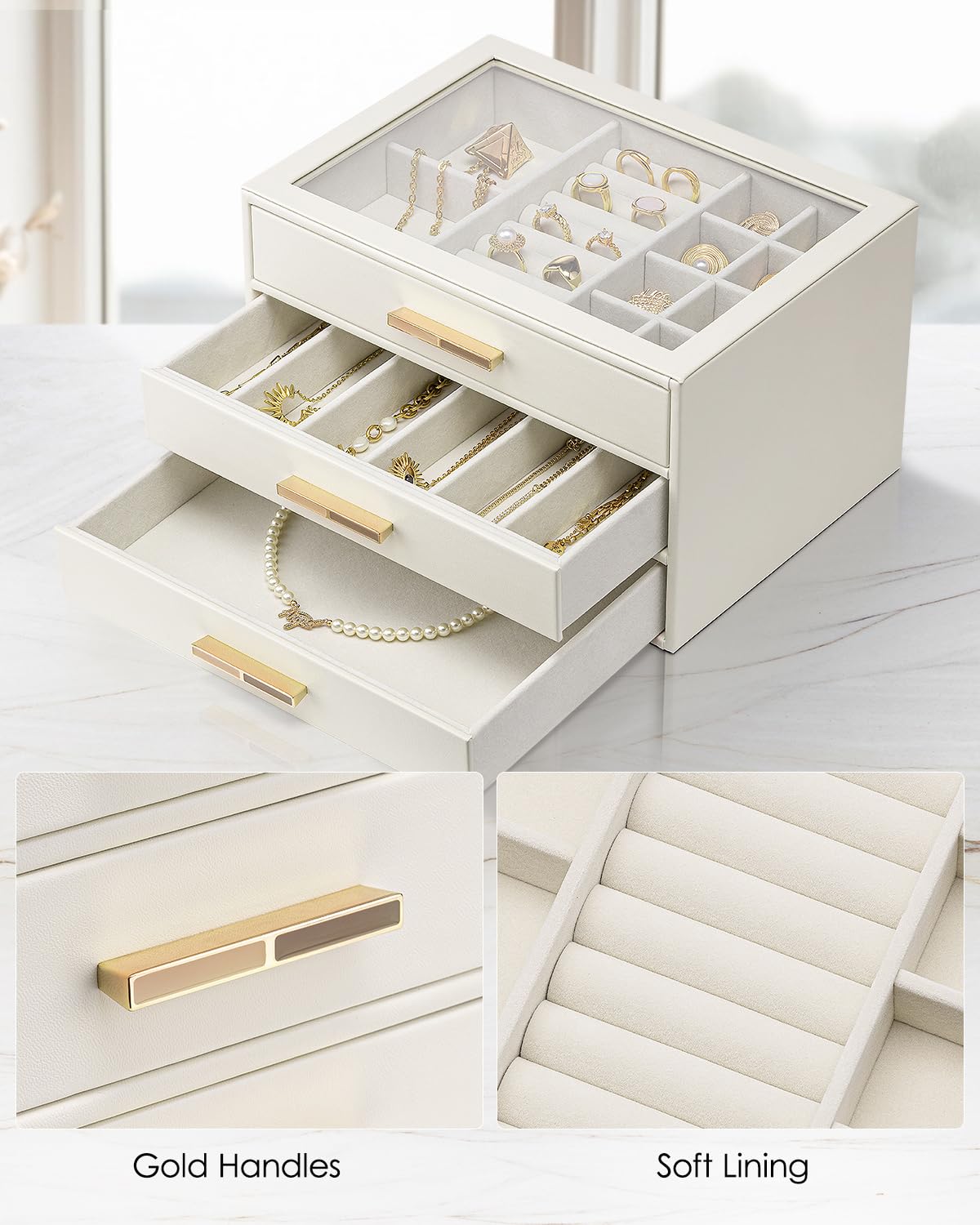 Vlando Jewelry Box for Women, Glass Lid Jewelry Organizer with 3 Drawers for Necklaces Rings Earrings Bracelets Mother Day Gift for Mom - Cloud White Vlando