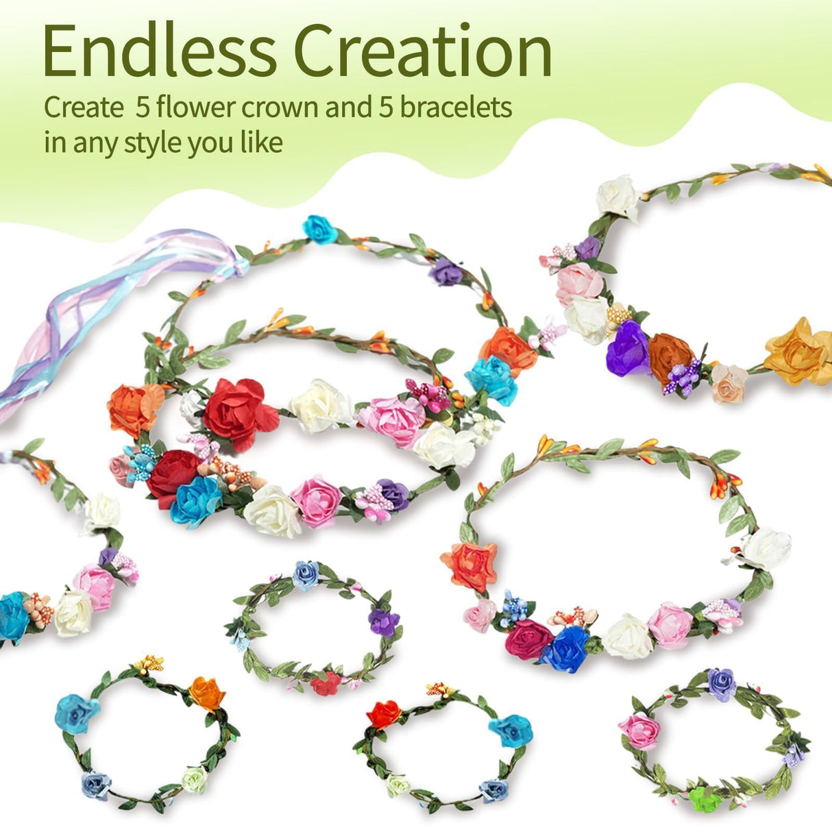 EggSun Flower Crown Making Kit for Girls Kids Gift Women Tea Party Craft Bracelet DIY Fairy Flower Crown Kit Kids Birthday Gift Floral Hair Arts Crafts Spring Easter Gift for Girls 5 6 7 12 Year Old EggSun