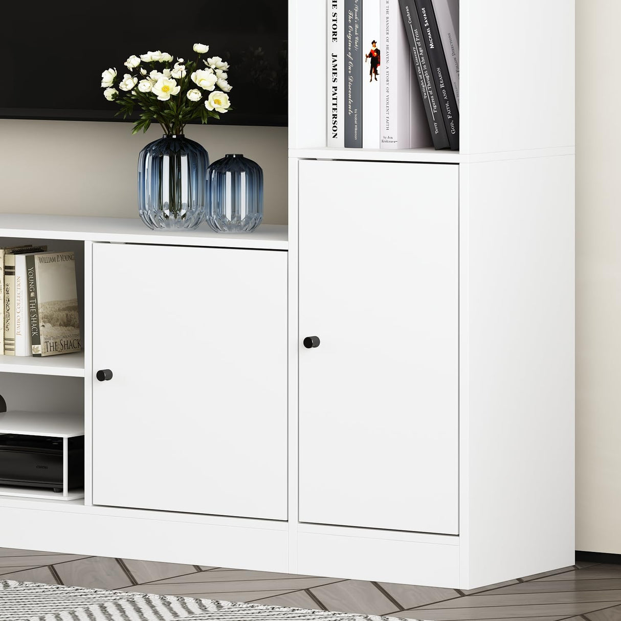 AIEGLE Minimalism Wall Unit TV Stand Set with Bridge for TVs up to 65", 81.1" TV Stand with Bookshelves, Entertainment Center Media Console Table with 4 Hidden Shelves & 8 Open Shelves, White AIEGLE