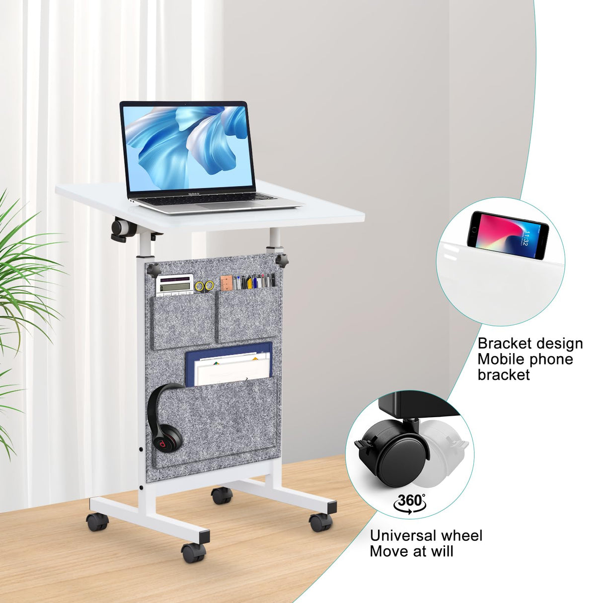 KOUPA Adjustable Height Standing Desk, Writable Tempered Glass Desktop with Eraser, 360° Flip, Wheels and Bag– Ideal for Small Spaces and Home Offices, 24 in, White(Adjustable Height: 32-47 in) KOUPA