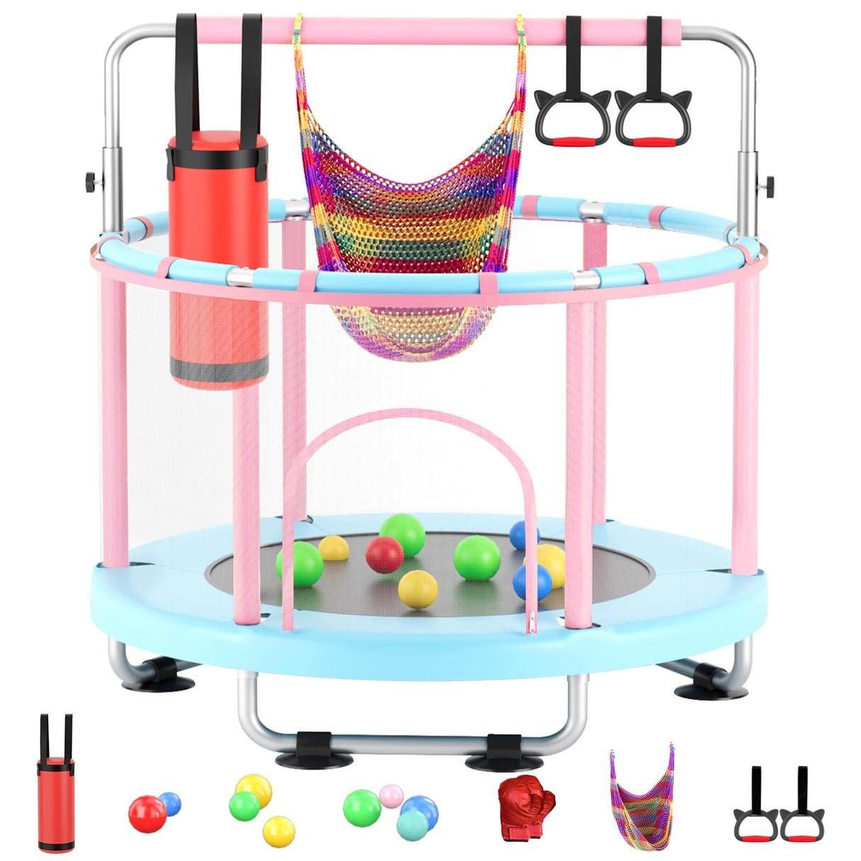 FitinOne 55" Toddler Mini Trampoline for Kids, Indoor Outdoor Toys with Swing, 440lbs Baby Kids Trampoline, Gymnastics Bar, Birthday Gifts for Boy Girl Age 1-8 FitinOne