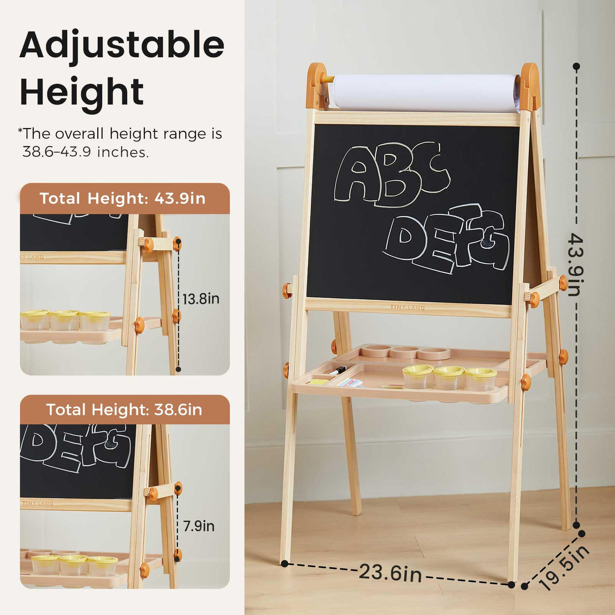 Tiny Land Easel for Kids, Double-Sided Magnetic Easel, Adjustable Wooden Kids Art Easel with Paper Roll, Learning-Toy for 3,4,5,6,7,8 Years Old Boy & Girls Tiny Land
