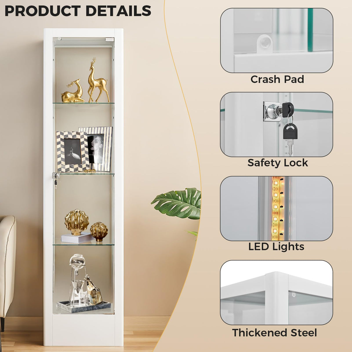 BECHAEO Glass Display Cabinet with 12 Color Lights and Lock, 4-Tier Curio Cabinet with Tempered Glass Door, Adjustable Shelves, 63" Metal Display Case for Collectibles Living Room, White BECHAEO