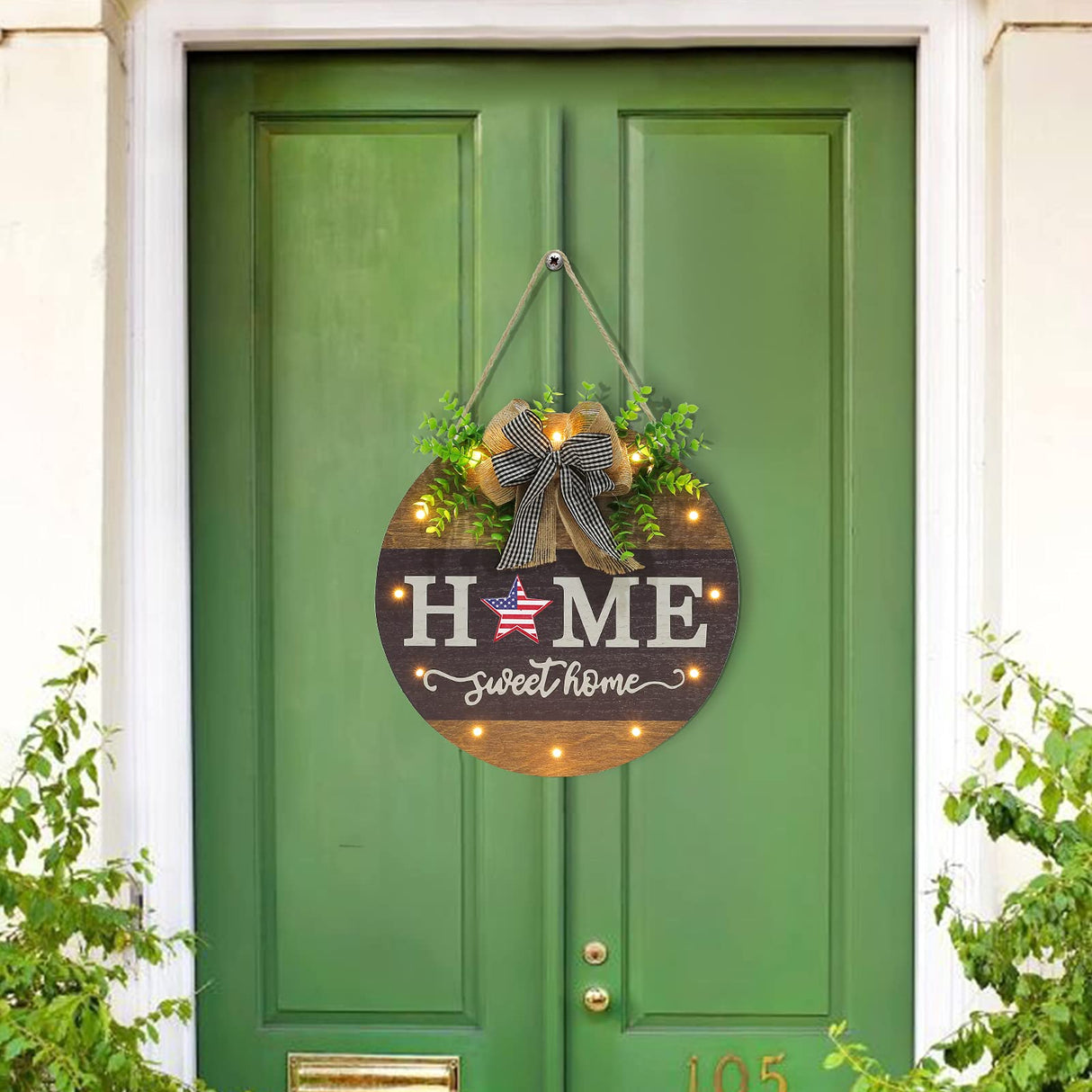 Interchangeable Welcome Sign for Front Door with 14 Changeable Icons, Farmhouse Front Porch Decor Rustic Wooden Wall Sign with 12 LED Lights, Outdoor Seasonal Welcome Home Decorations (Wood home1) HOMCDALY