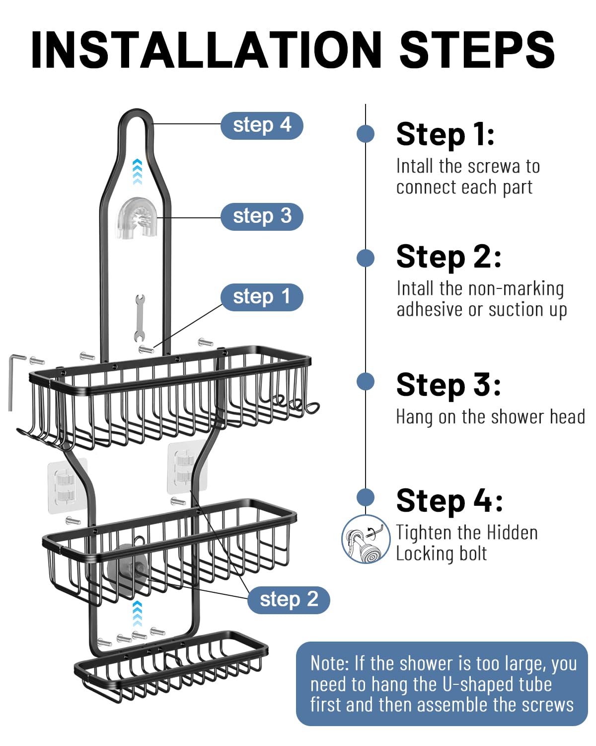 MSAICOE Shower Caddy Hanging - Never Rust Shower Hanging Organizer - Aluminum Over the ShowerHead Caddy with Soap Basket and 6 Hooks for Razor/Sponge (Black) MSAICOE