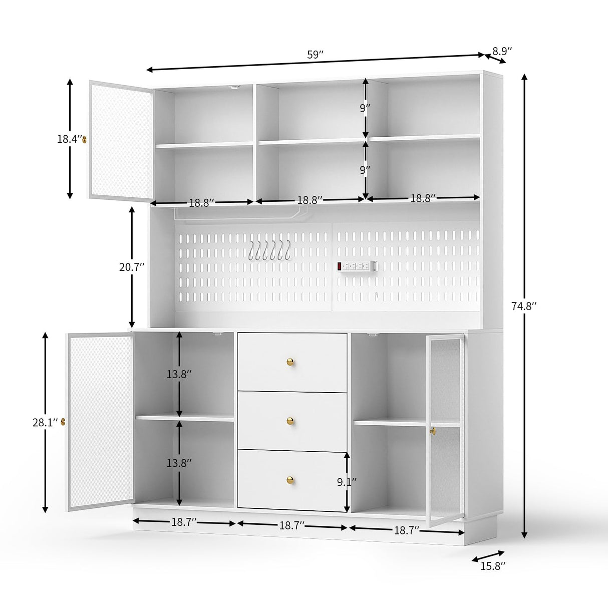 VOWNER Large Kitchen Hutch Cabinet with 3 Metal Doors & Pegboard, Pantry Storage Cabinet with Cup Holder & Power Outlet, Freestanding Cupboard for Kitchen, Dining Room (White) VOWNER