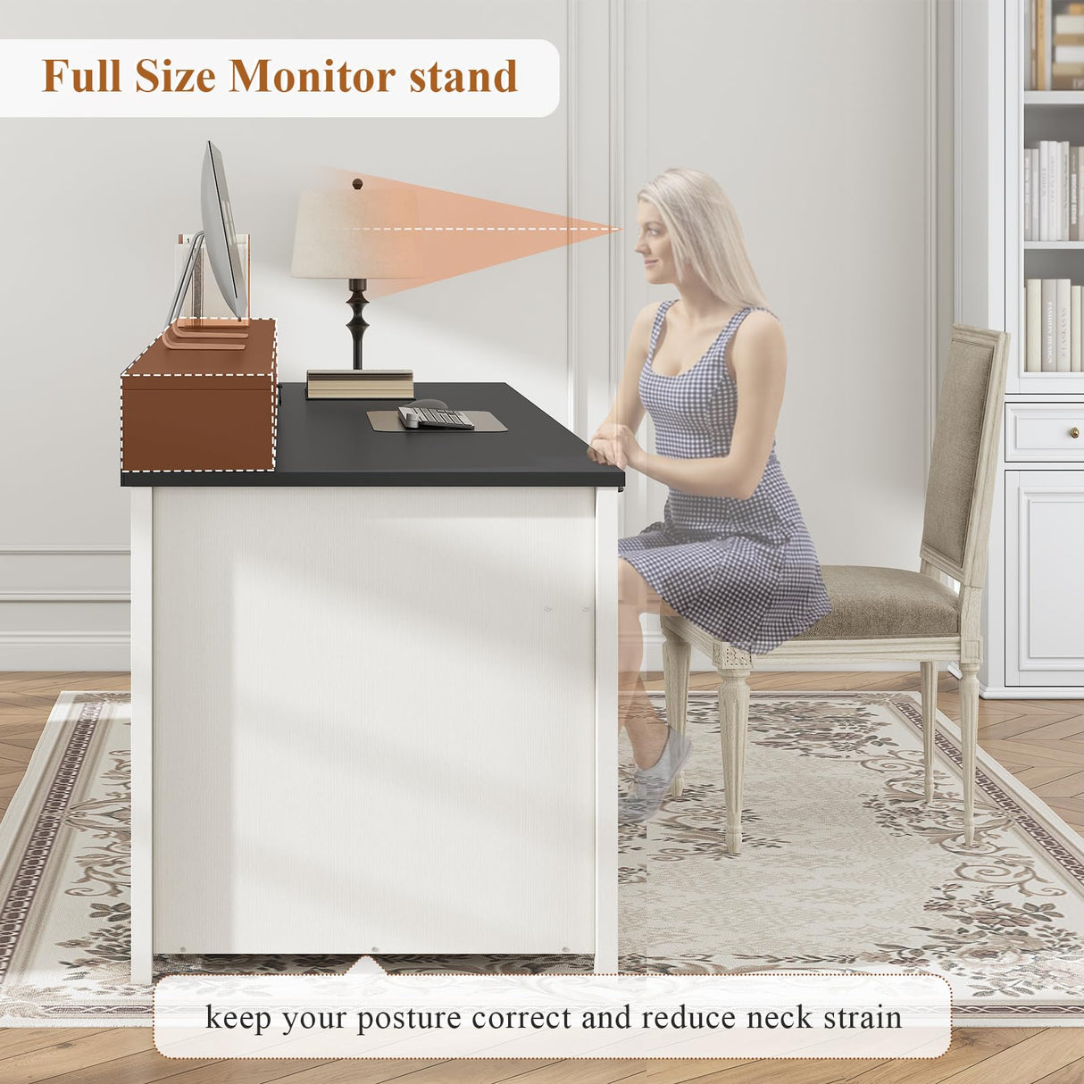 SEDETA Farmhouse 63" Executive Desk, Home Office Desk with File Drawer and Monitor Stand, Computer Desk with Drawers and Storage Cabinet, Wood Desk for Work Study Writing, White SEDETA