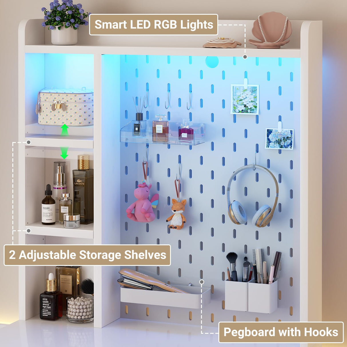 Besiost Small Vanity Desk with Hutch and Drawers, White Makeup Vanity Desk with Charging Station, Vanity Table Dressing Table with LED Lights, Vanity Desk No Mirror with Pegboard for Girls Women, 24" Besiost