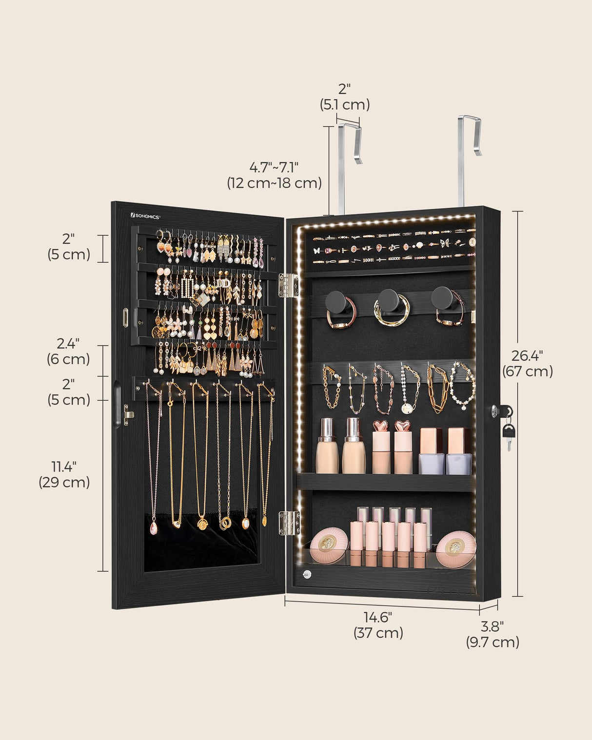 SONGMICS Mirror Jewelry Cabinet Armoire with Built-in LED Lights, Wall or Door Mounted Jewelry Storage Organizer, 3.8 x 14.6 x 26.4 Inches Hanging Mirror Cabinet, Gift Idea, Black UJJC050B01 SONGMICS