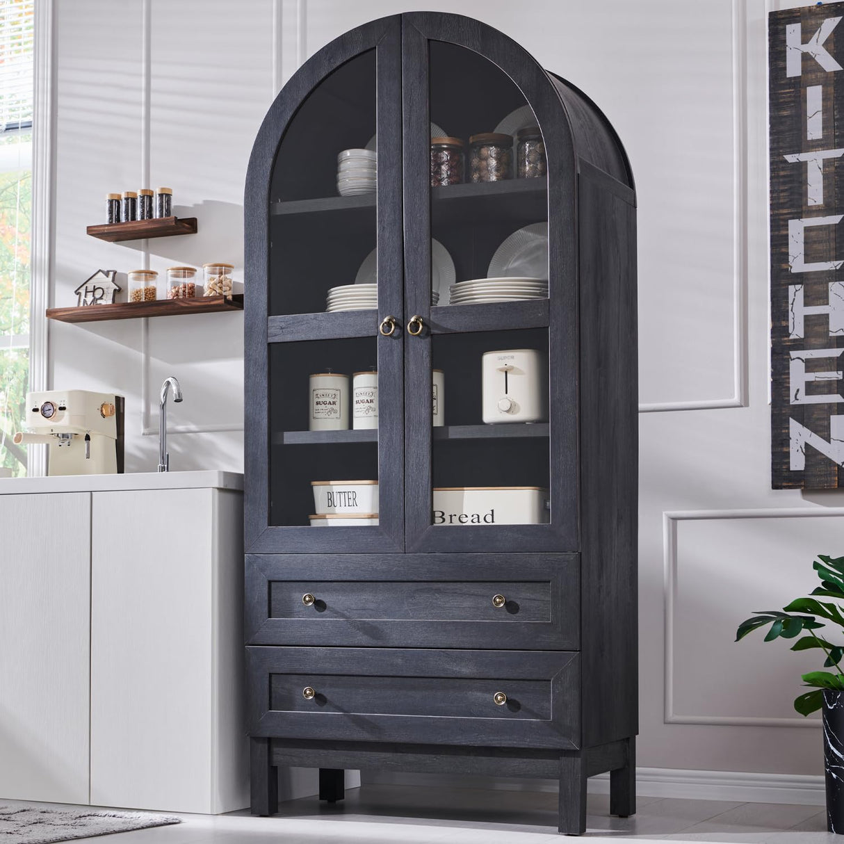 IFGET 71" Tall Arched Kitchen Pantry Cabinet, Wood Kitchen Storage Cabinets with 2 Large Drawers and Adjustable Shelves, Modern Farmhouse Versatile Cupboard for Kitchen, Dining Room, Bathroom, Grey IFGET