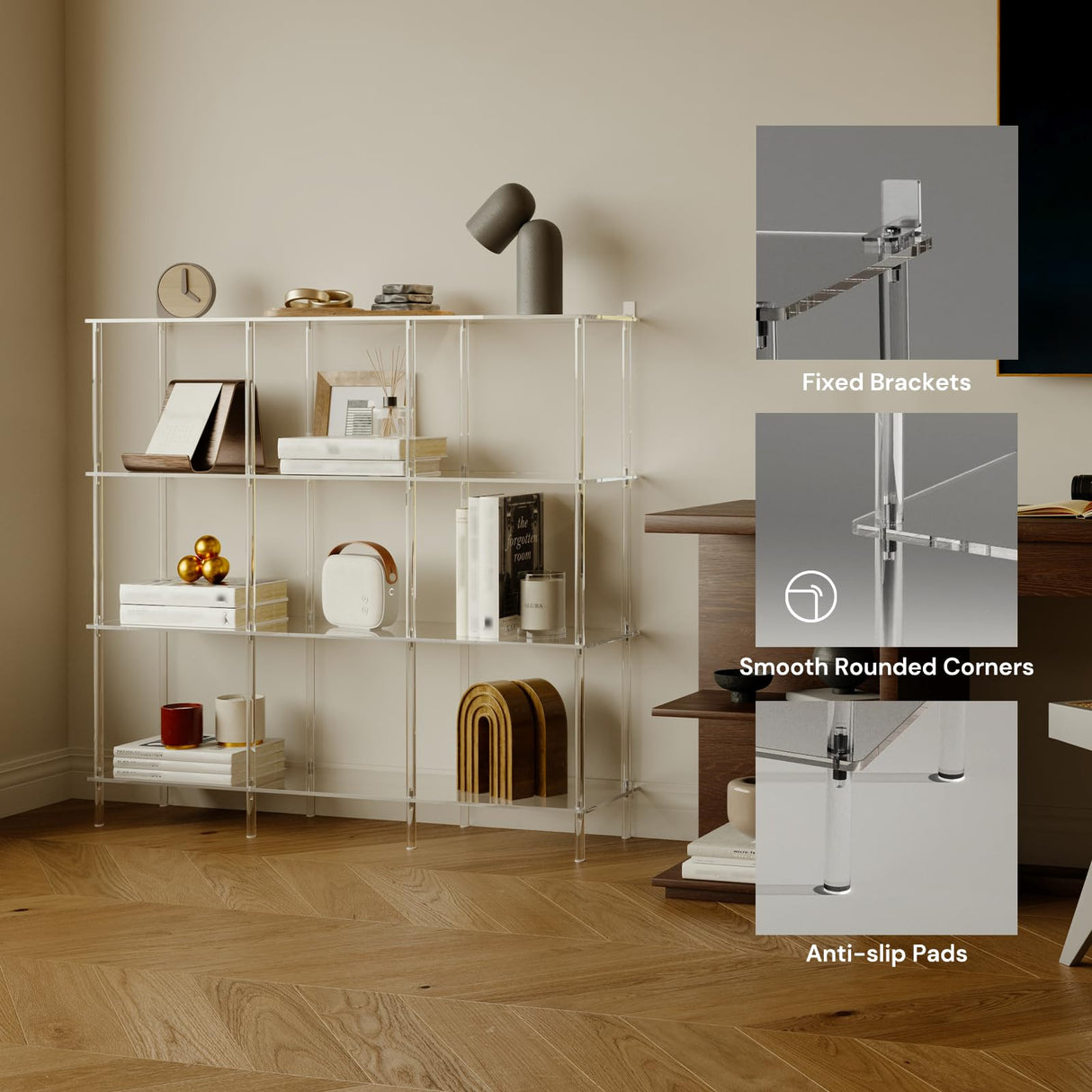 4-Tier Acrylic Horizontal Bookshelf, Clear 9 Cube Open Bookcase, Modern Book Shelf for Living Room, Bedroom, Office, 11.8" D x 47.2" W x 38.6" H, Easy Assembly CRTERICX