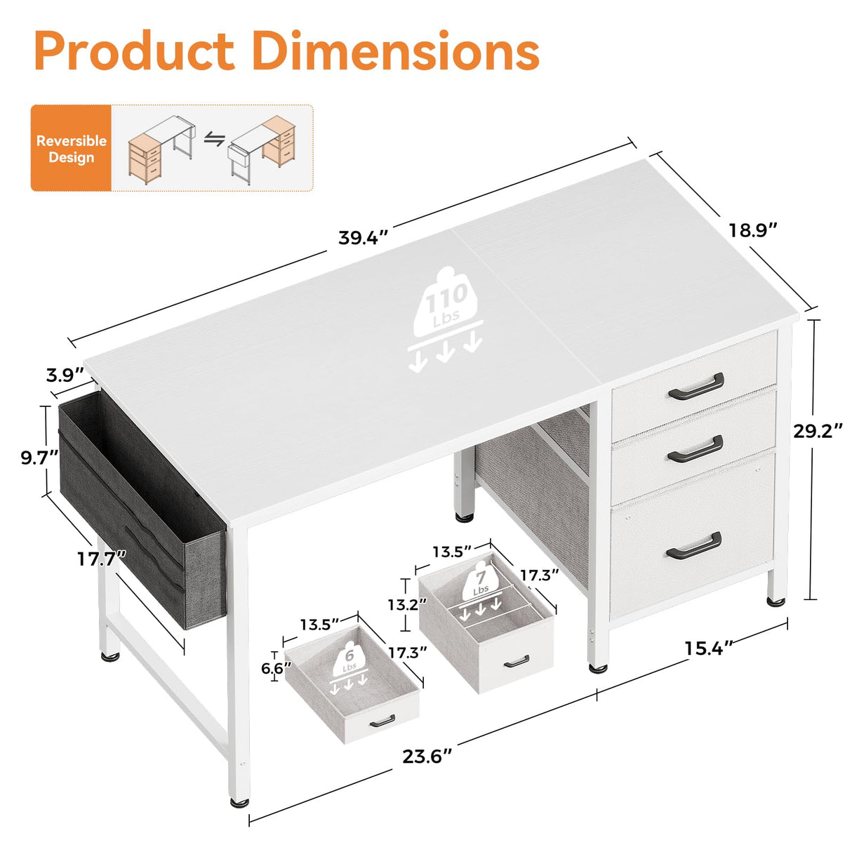 Casaottima 40-Inch Small Computer Desk with Fabric Drawers & File Cabinet, Home Office Desk with Cloth Storage Bag and Hook, Writing Study Work Table for Small Space, Vanity Desk for Bedroom, White Casaottima
