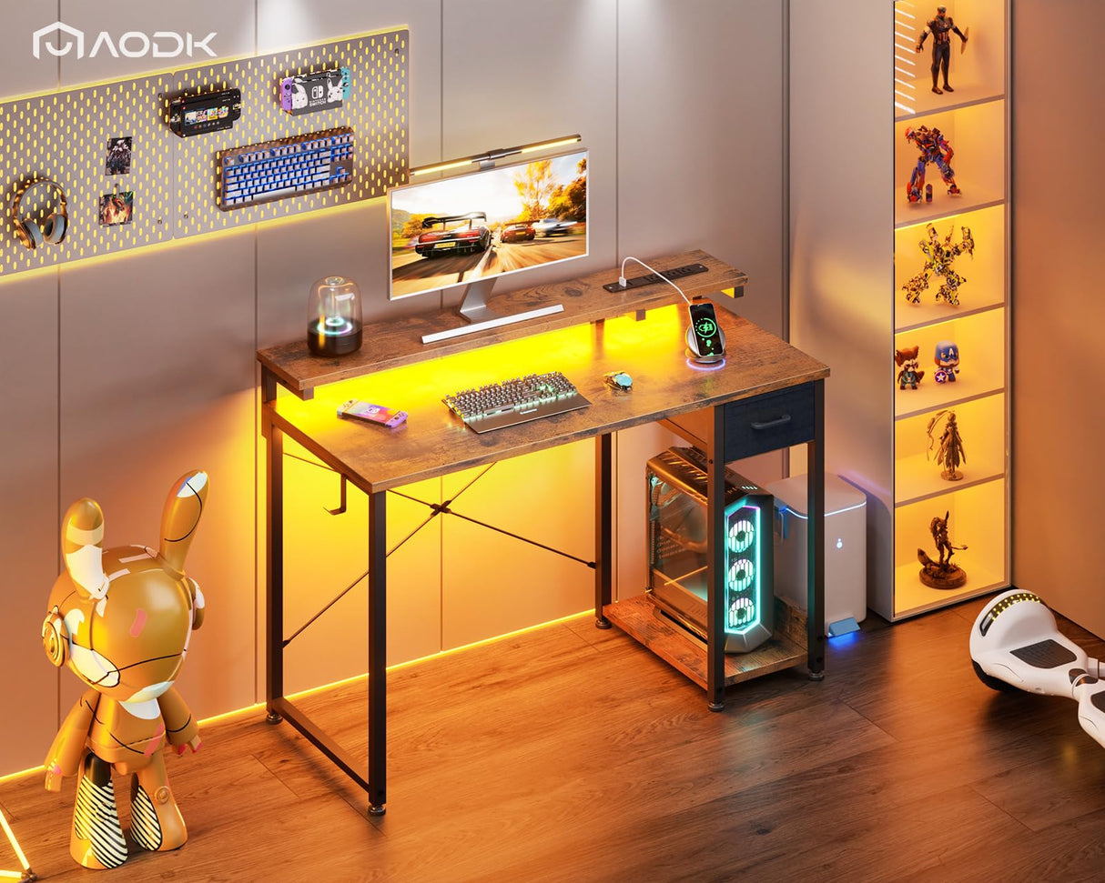 AODK Gaming Desk with LED Lights & Power Outlet, 40 Inch Computer Desk with Drawer, Reversible Desk with Monitor Shelf & Headphone Hook for Home Office AODK