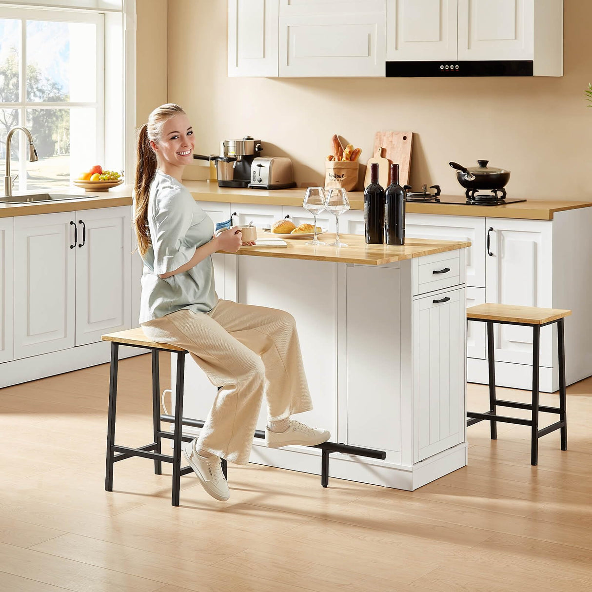 ONBRILL Stationary Kitchen Islands Include 2 Chairs, 47" Kitchen Island with Drop Leaf, Home Bar Table with Spice Rack & with Trash Cabinet, Island Table for Dining Room with Power Outlet, White ONBRILL
